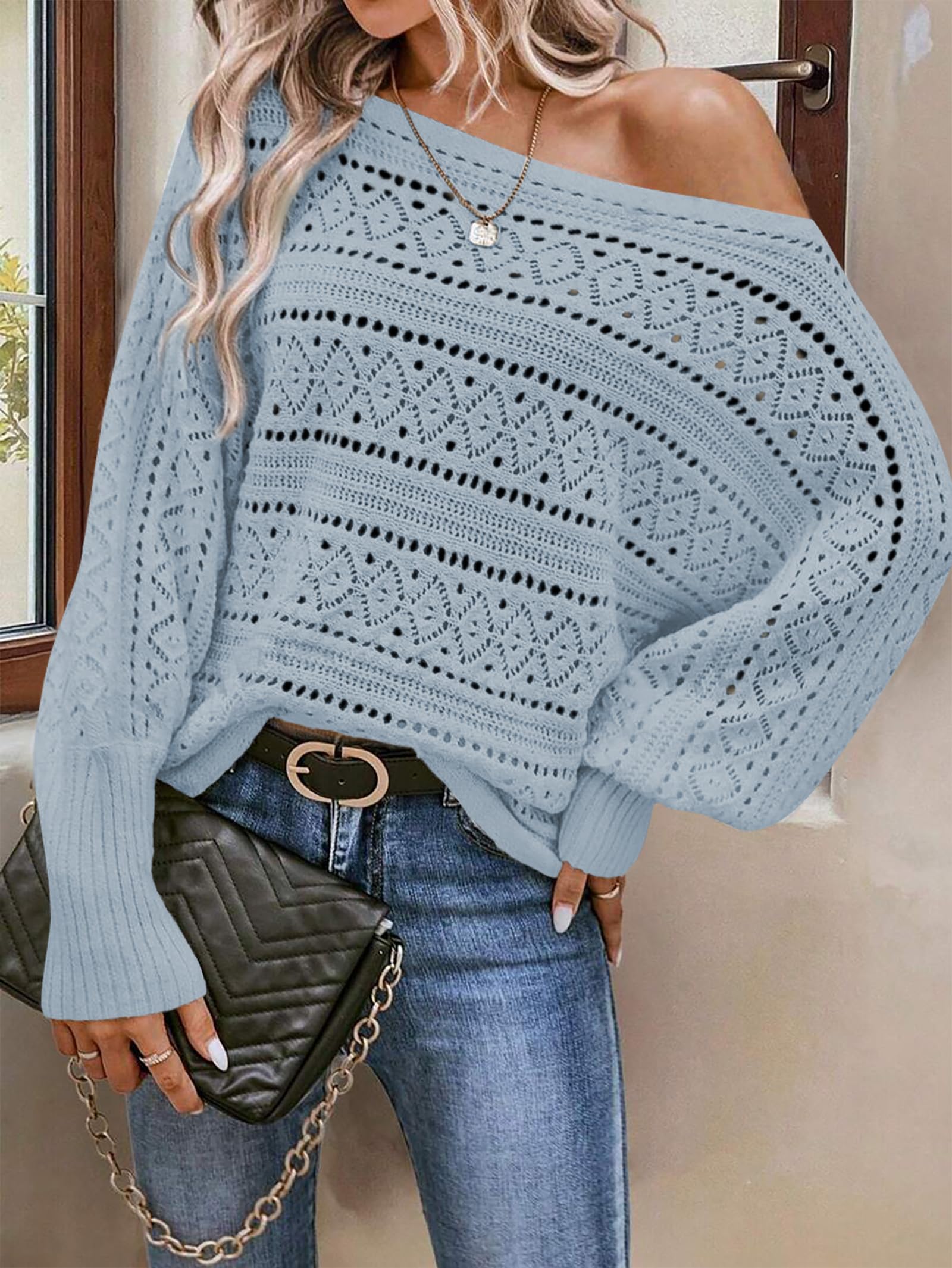Foto 2 | Sudadera Cakulo Para Mujer Con Hombros Descubiertos, Otoño 2024, Azul Claro, L - Venta Internacional.