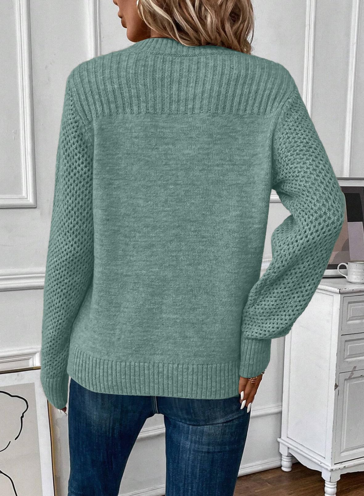 Foto 2 | Jersey Evaless De Punto Trenzado Extragrande Con Cuello Redondo, Verde Ahumado - Venta Internacional.