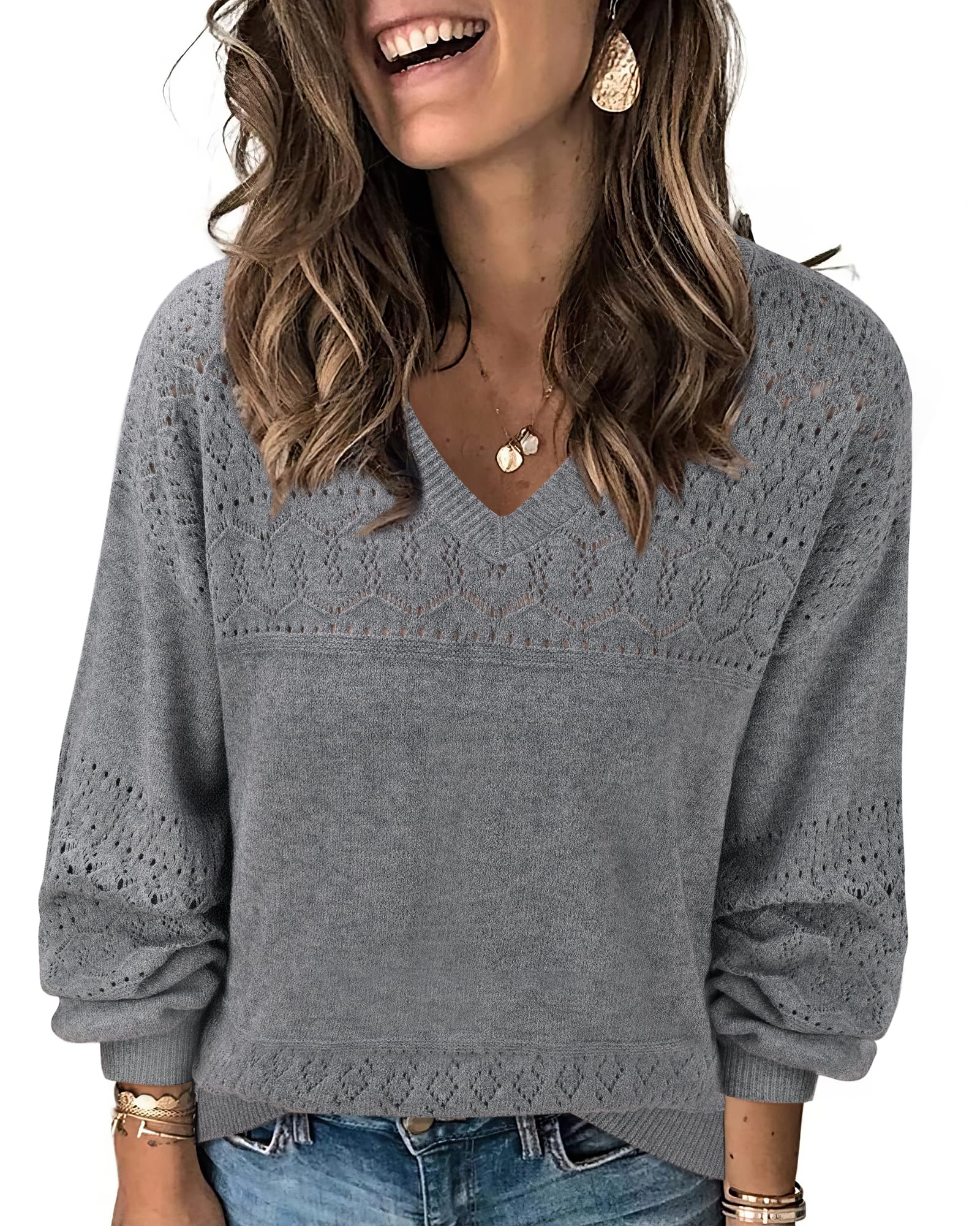 Foto 2 pulgar | Jersey Messic Con Manga De Farol Para Mujer, Tejido Calado, Color Gris Xl - Venta Internacional.