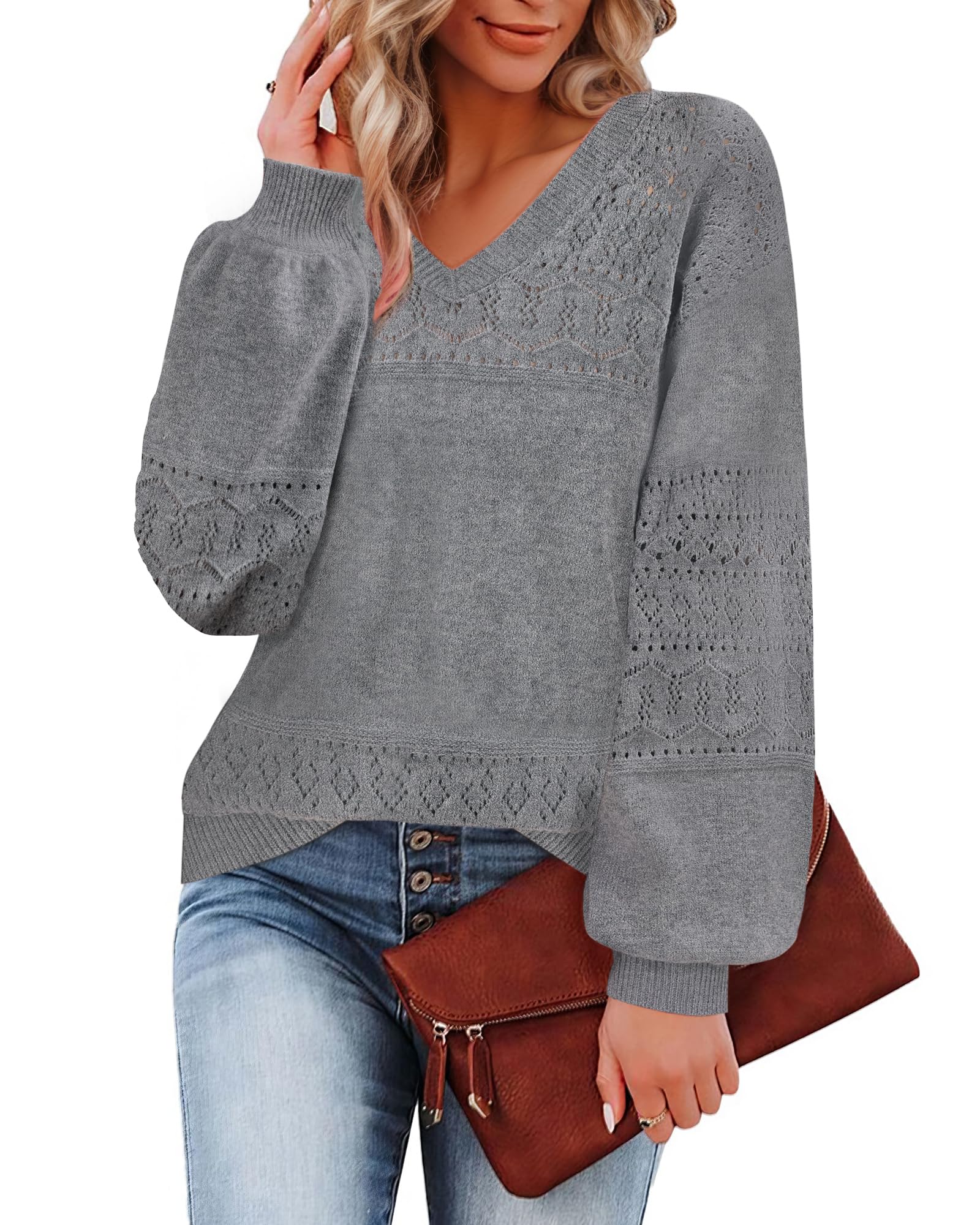 Foto 3 pulgar | Jersey Messic Con Manga De Farol Para Mujer, Tejido Calado, Color Gris Xl - Venta Internacional.