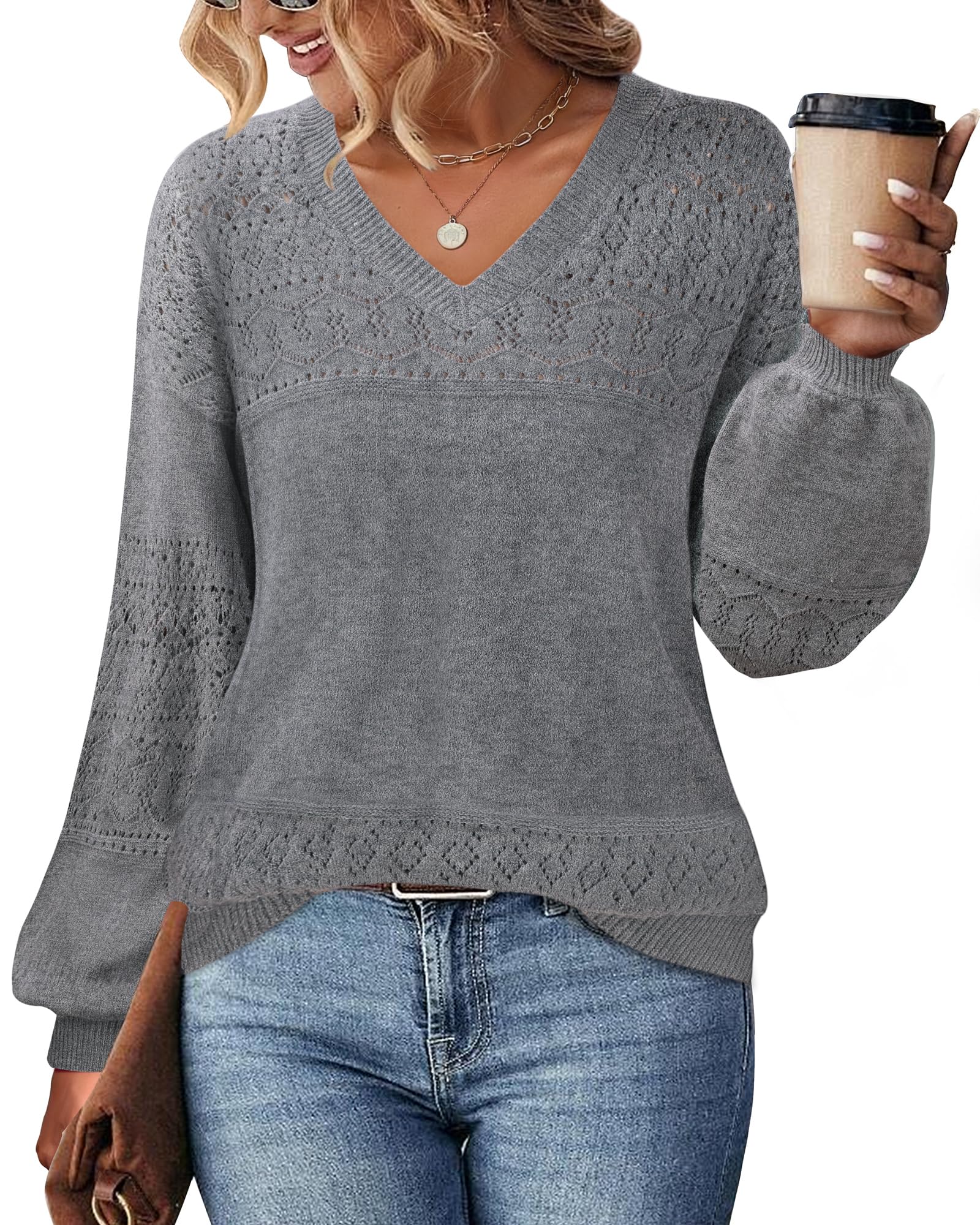 Foto 4 pulgar | Jersey Messic Con Manga De Farol Para Mujer, Tejido Calado, Color Gris Xl - Venta Internacional.