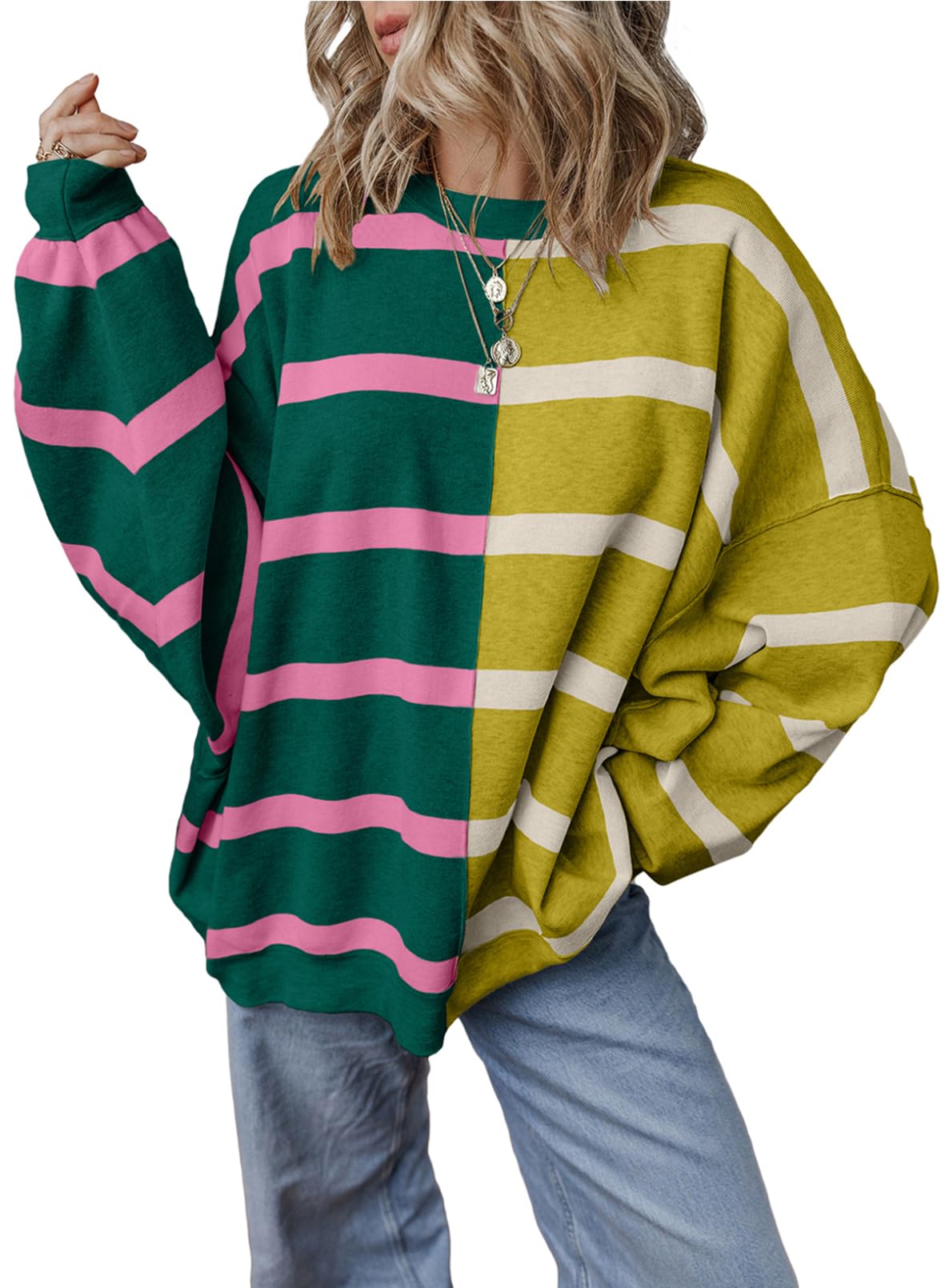 Foto 2 pulgar | Suéter Evaless Para Mujer De Gran Tamaño A Rayas, Tendencia De Moda 2024 - Venta Internacional.
