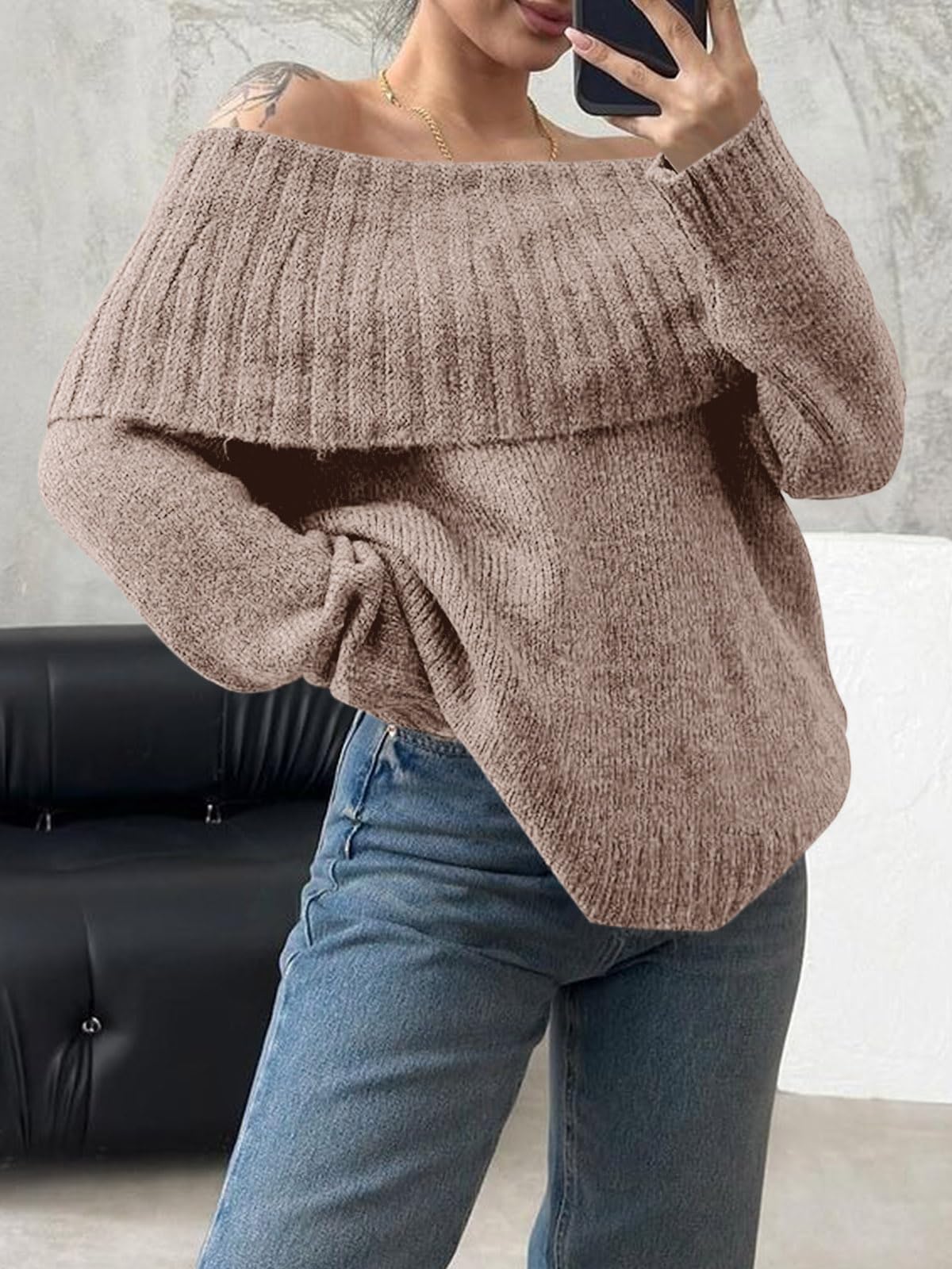 Foto 4 pulgar | Jersey Saodimallsu Para Mujer, Tejido Con Hombros Descubiertos, Color Caqui Claro - Venta Internacional.