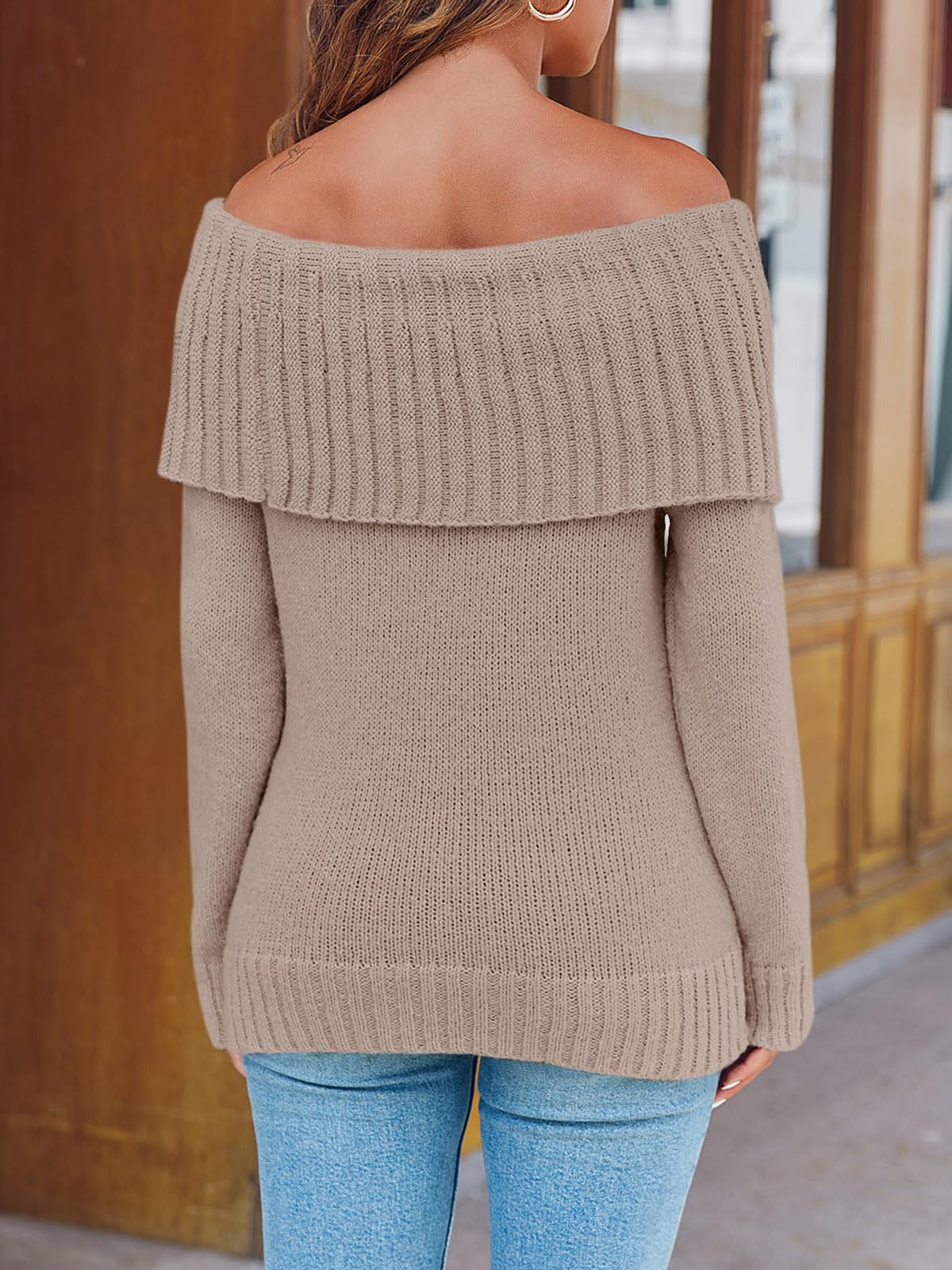 Foto 6 pulgar | Jersey Saodimallsu Para Mujer, Tejido Con Hombros Descubiertos, Color Caqui Claro - Venta Internacional.