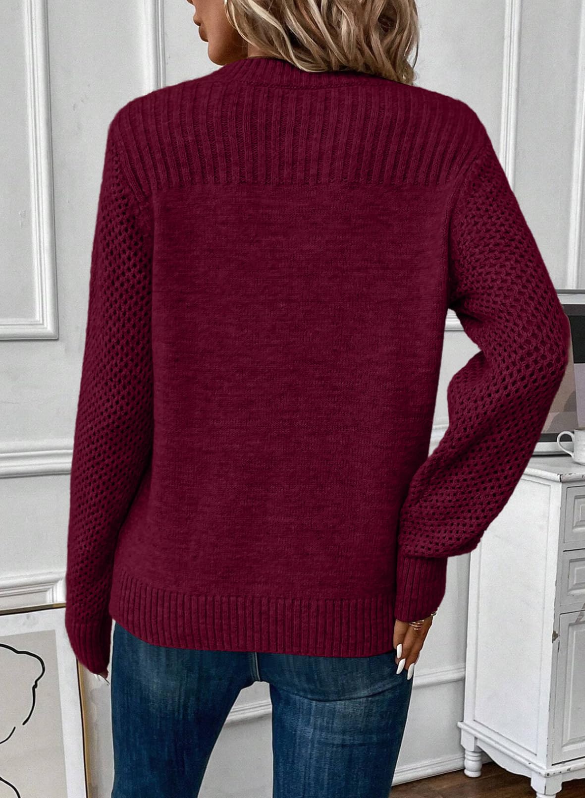 Foto 2 | Jersey Evaless De Punto Trenzado Extragrande Con Cuello Redondo Para Mujer, Color Burdeos - Venta Internacional.
