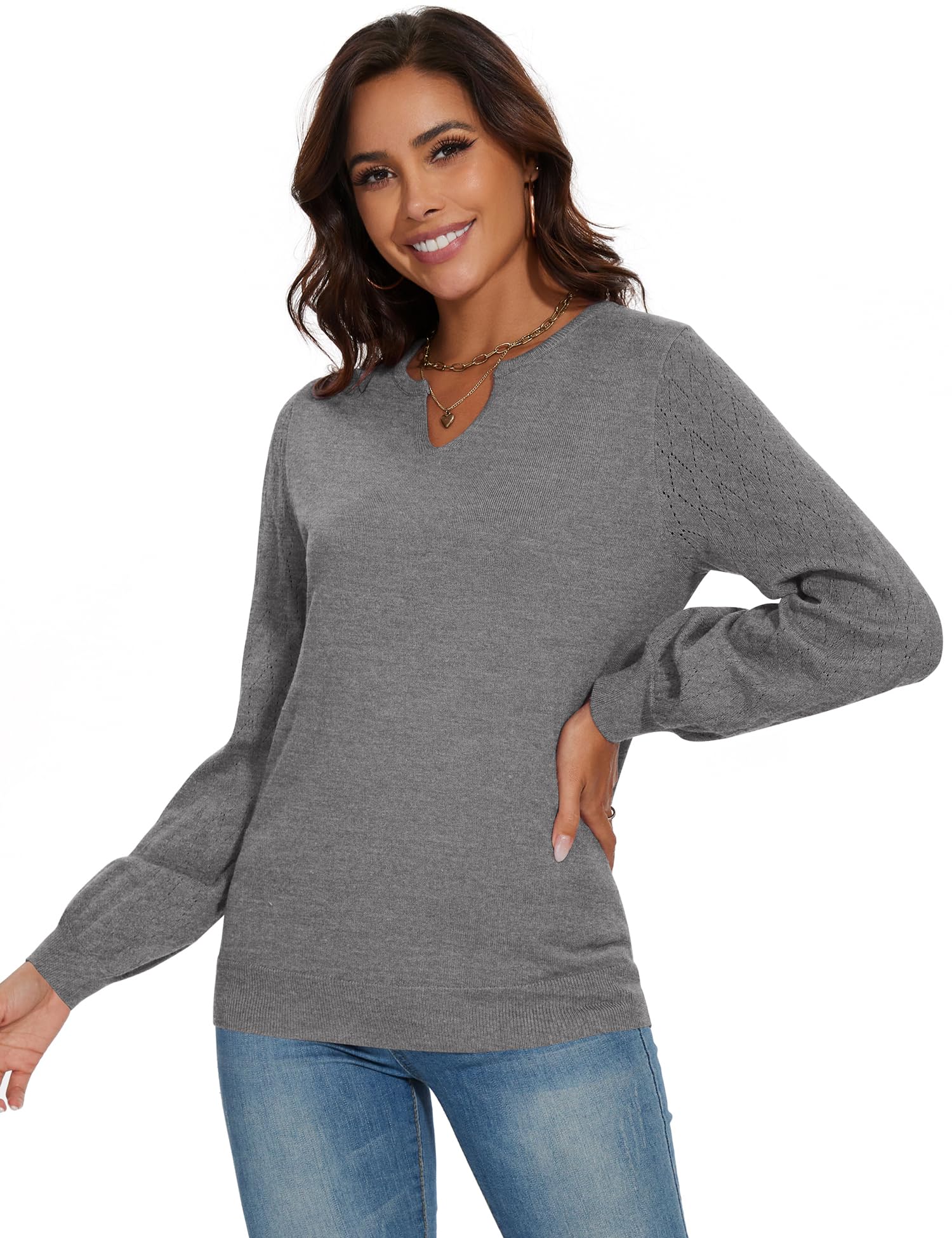 Foto 4 pulgar | Jersey Lomon De Otoño Con Cuello En V Y Manga Abullonada Para Mujer, Gris, Talla S - Venta Internacional.