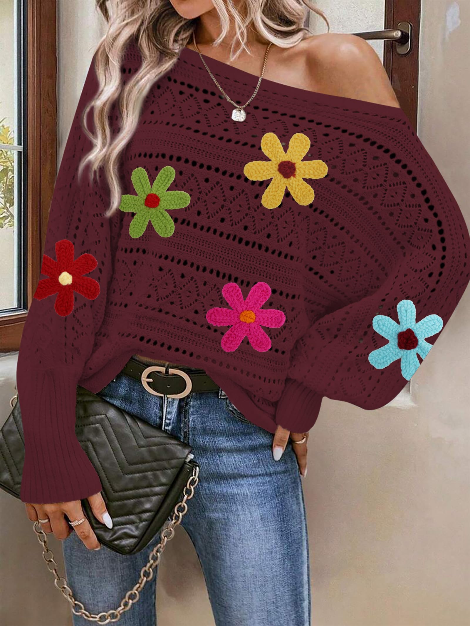 Foto 3 pulgar | Sudadera Cakulo Con Hombros Descubiertos Para Otoño De 2024, Rojo Vino, L, Para Mujer - Venta Internacional.