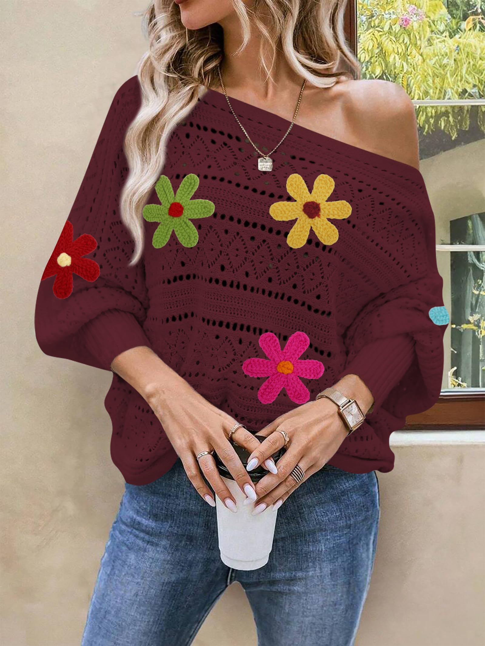 Foto 4 pulgar | Sudadera Cakulo Con Hombros Descubiertos Para Otoño De 2024, Rojo Vino, L, Para Mujer - Venta Internacional.