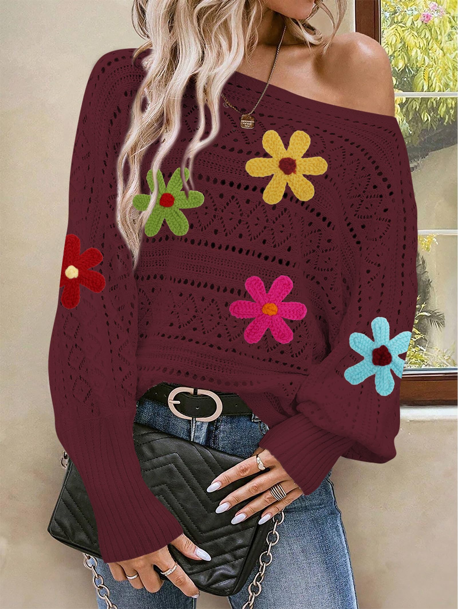 Foto 7 pulgar | Sudadera Cakulo Con Hombros Descubiertos Para Otoño De 2024, Rojo Vino, L, Para Mujer - Venta Internacional.