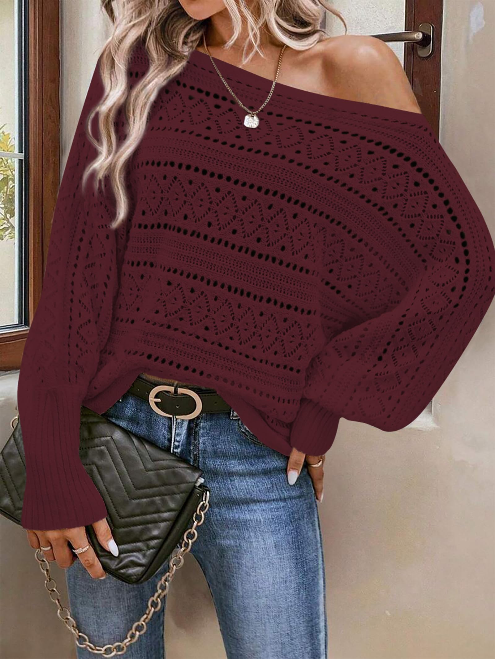 Foto 3 pulgar | Jersey Cakulo Para Mujer Con Hombros Descubiertos, Color Rojo Vino, Talla M - Venta Internacional.