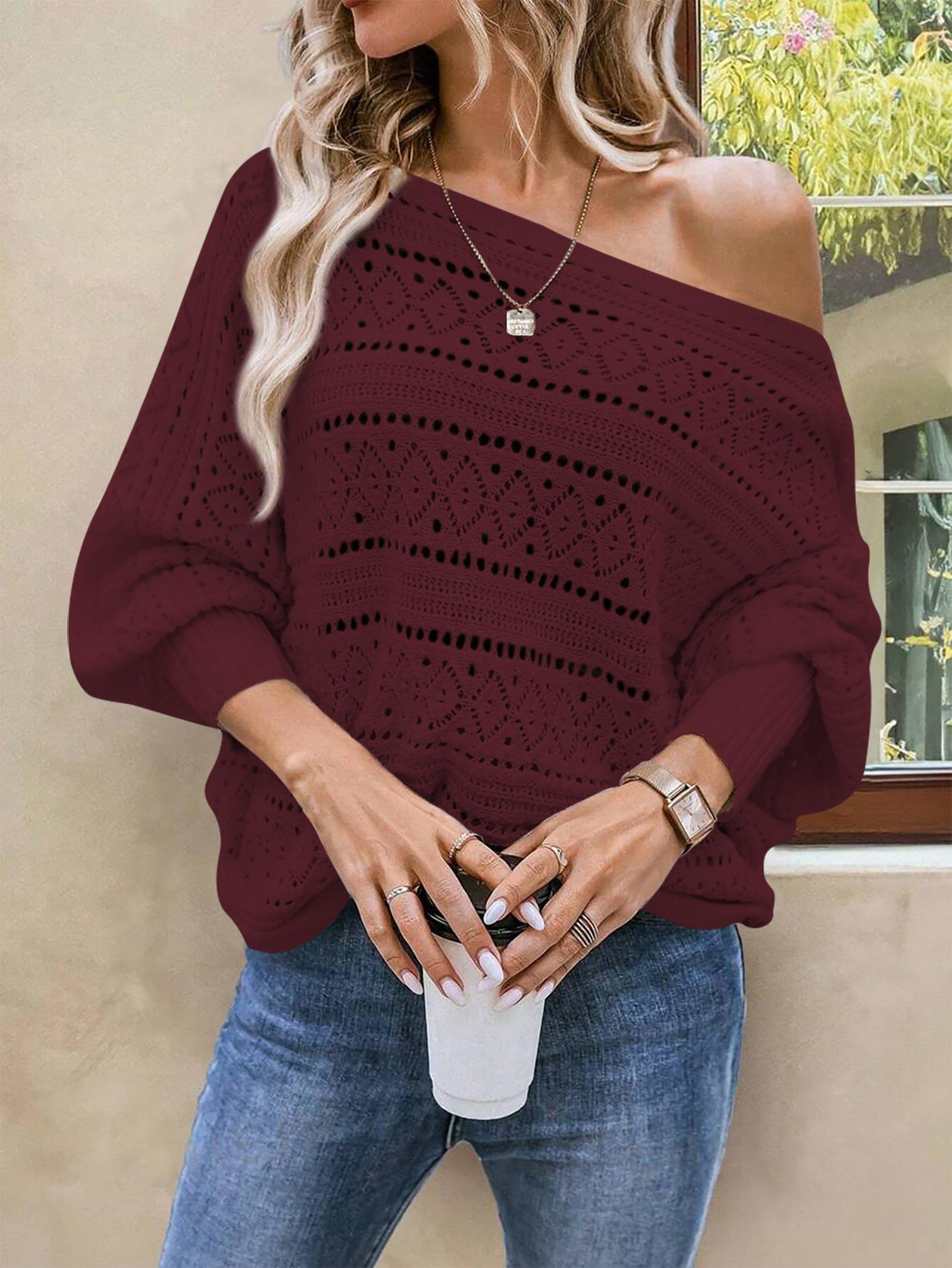 Foto 4 pulgar | Jersey Cakulo Para Mujer Con Hombros Descubiertos, Color Rojo Vino, Talla M - Venta Internacional.