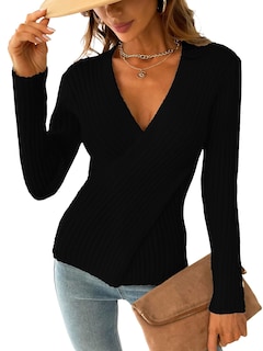Foto 1 | Jersey Cupshe Acanalado De Manga Larga Con Cuello En V 2024 Fall Black Xs - Venta Internacional.
