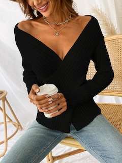 Foto 3 | Jersey Cupshe Acanalado De Manga Larga Con Cuello En V 2024 Fall Black Xs - Venta Internacional.