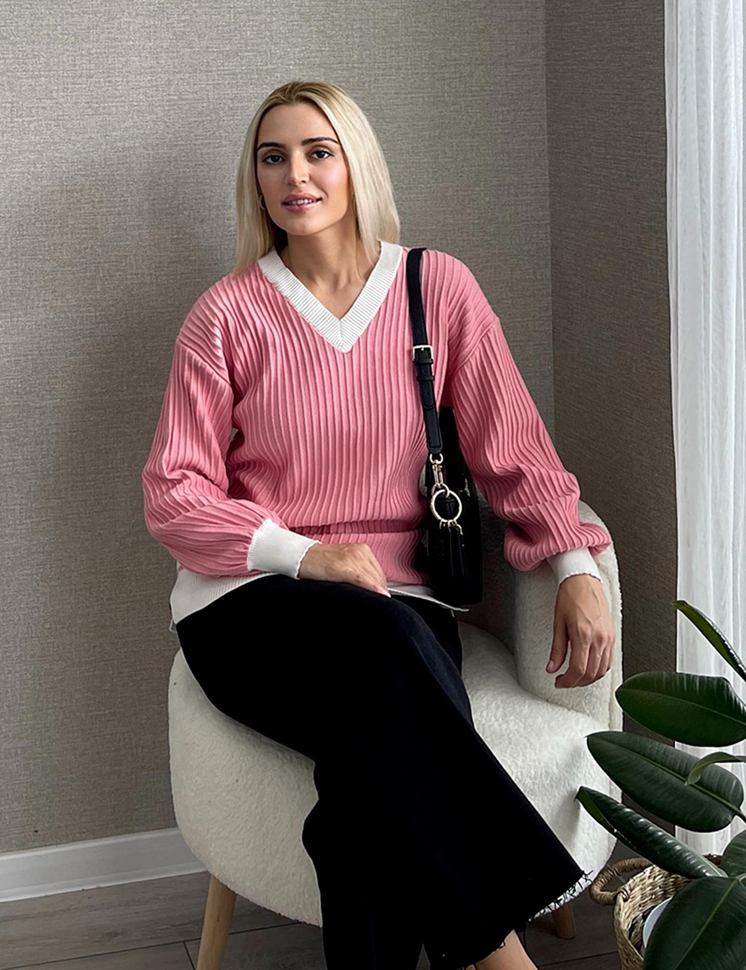 Foto 6 | Jersey Lomon Batwing Con Cuello En V Y Bloques De Colores A Rayas Para Mujer - Venta Internacional.