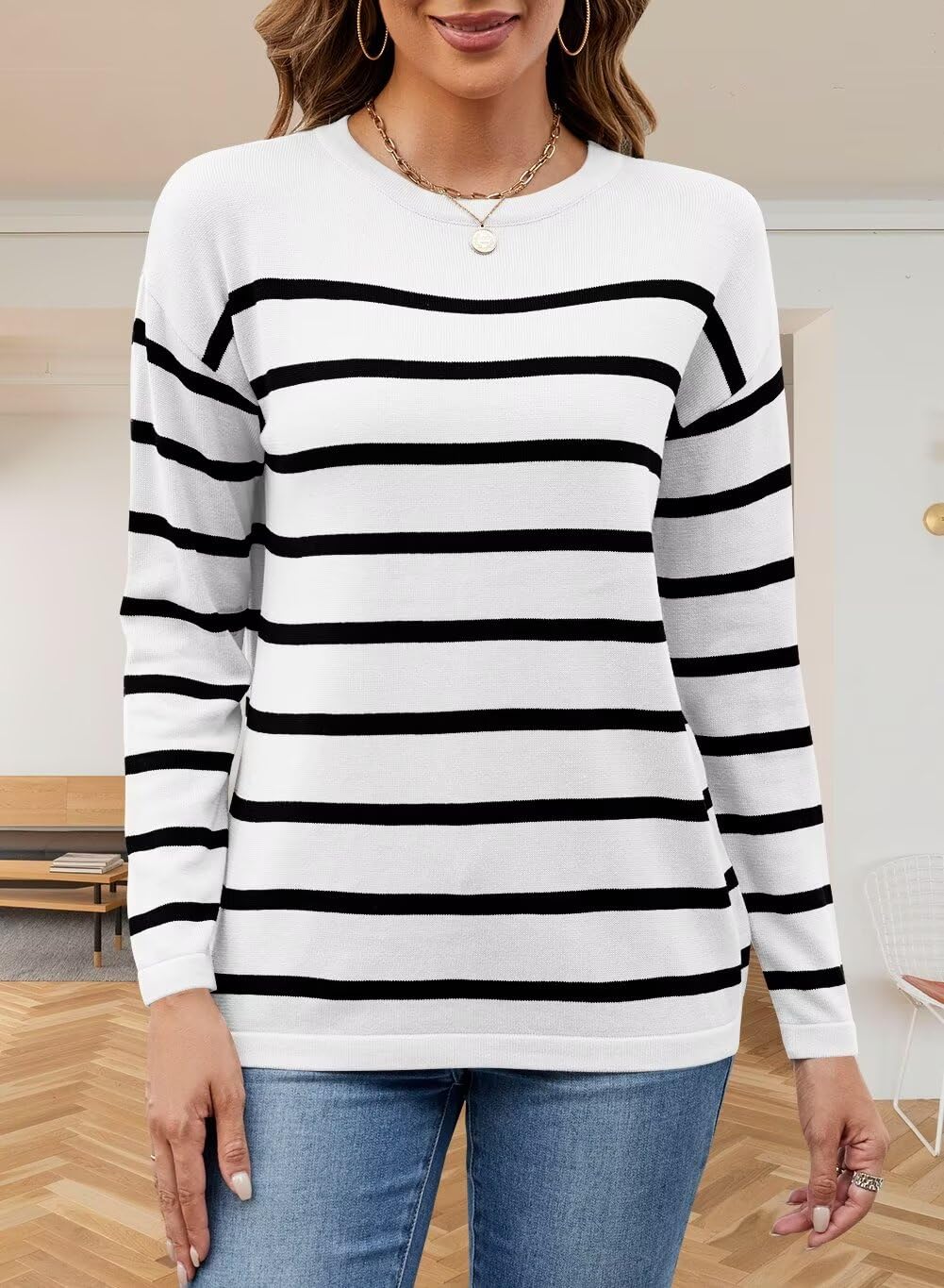 Foto 3 | Jersey Qacohu De Punto A Rayas Para Mujer, Color Blanco, Talla M - Venta Internacional.