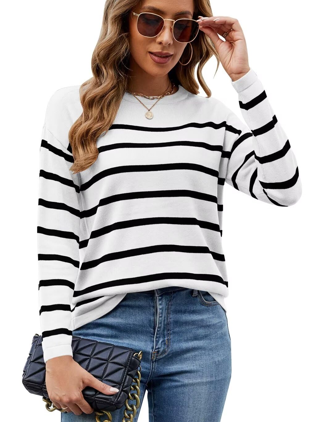 Foto 7 | Jersey Qacohu De Punto A Rayas Para Mujer, Color Blanco, Talla M - Venta Internacional.