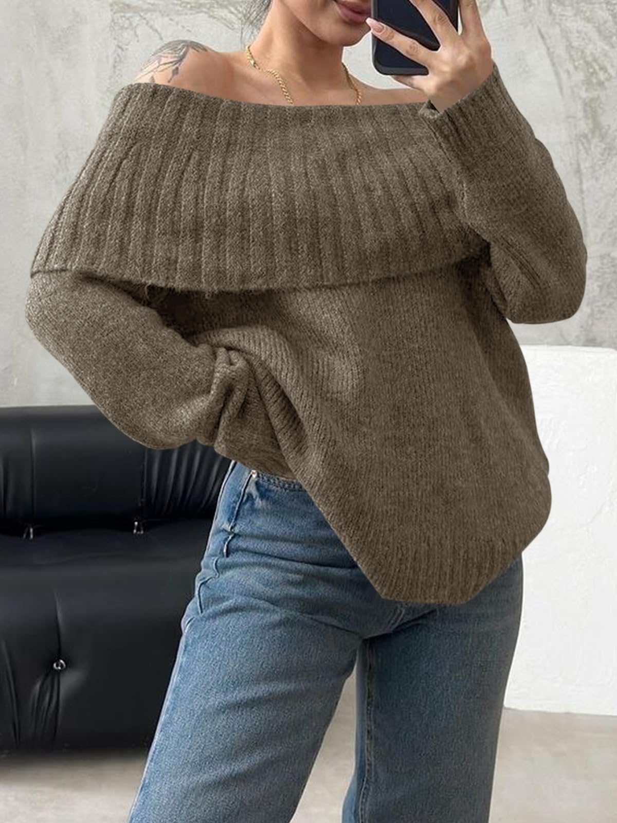 Foto 4 pulgar | Jersey Saodimallsu De Punto Holgado Con Hombros Descubiertos Para Mujer - Venta Internacional.