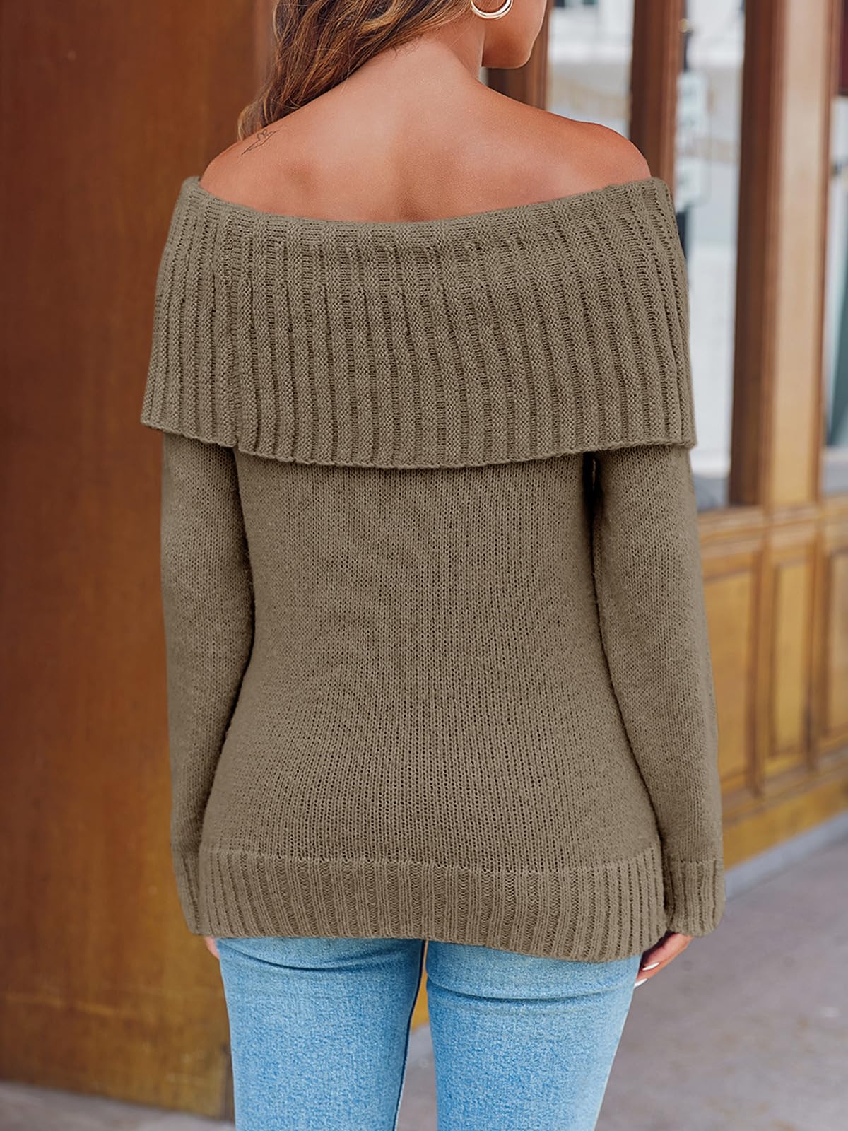 Foto 6 pulgar | Jersey Saodimallsu De Punto Holgado Con Hombros Descubiertos Para Mujer - Venta Internacional.