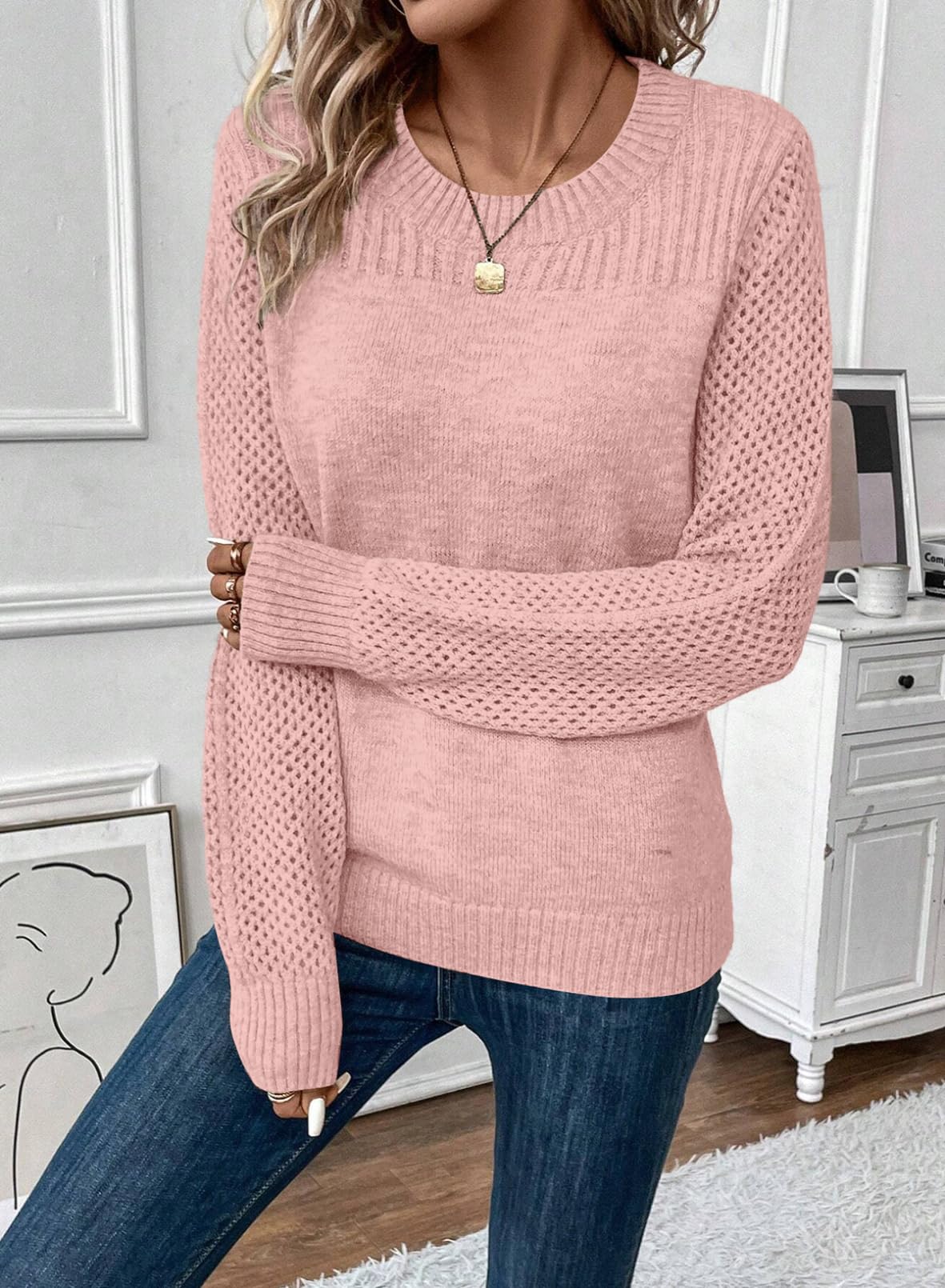 Foto 5 pulgar | Suéteres Evaless Para Mujer, A La Moda, De Otoño, De Punto Trenzado, Rosa - Venta Internacional.