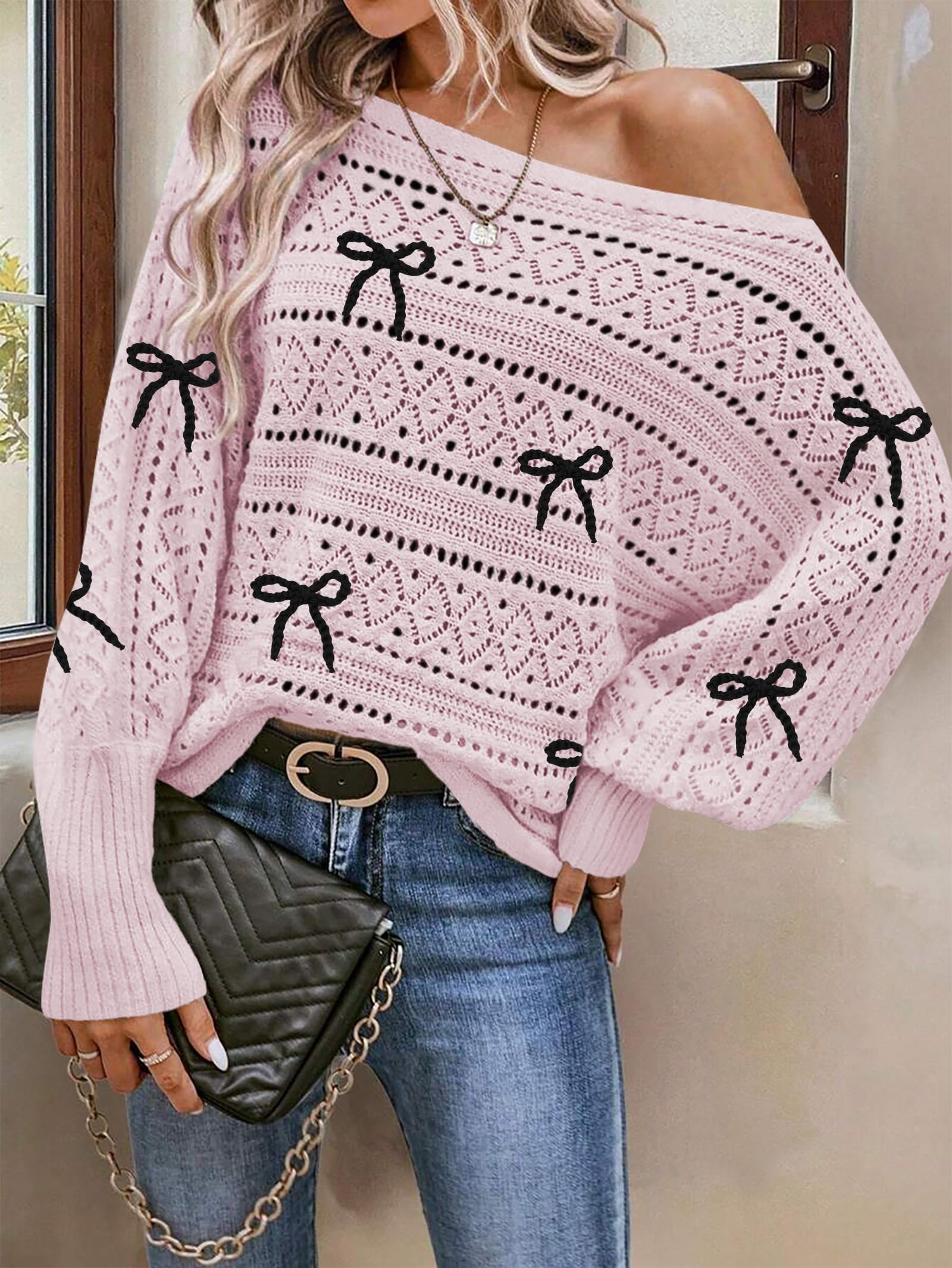 Foto 3 pulgar | Jersey Cakulo Con Hombros Descubiertos Para Otoño De 2024, Punto Rosa S - Venta Internacional.