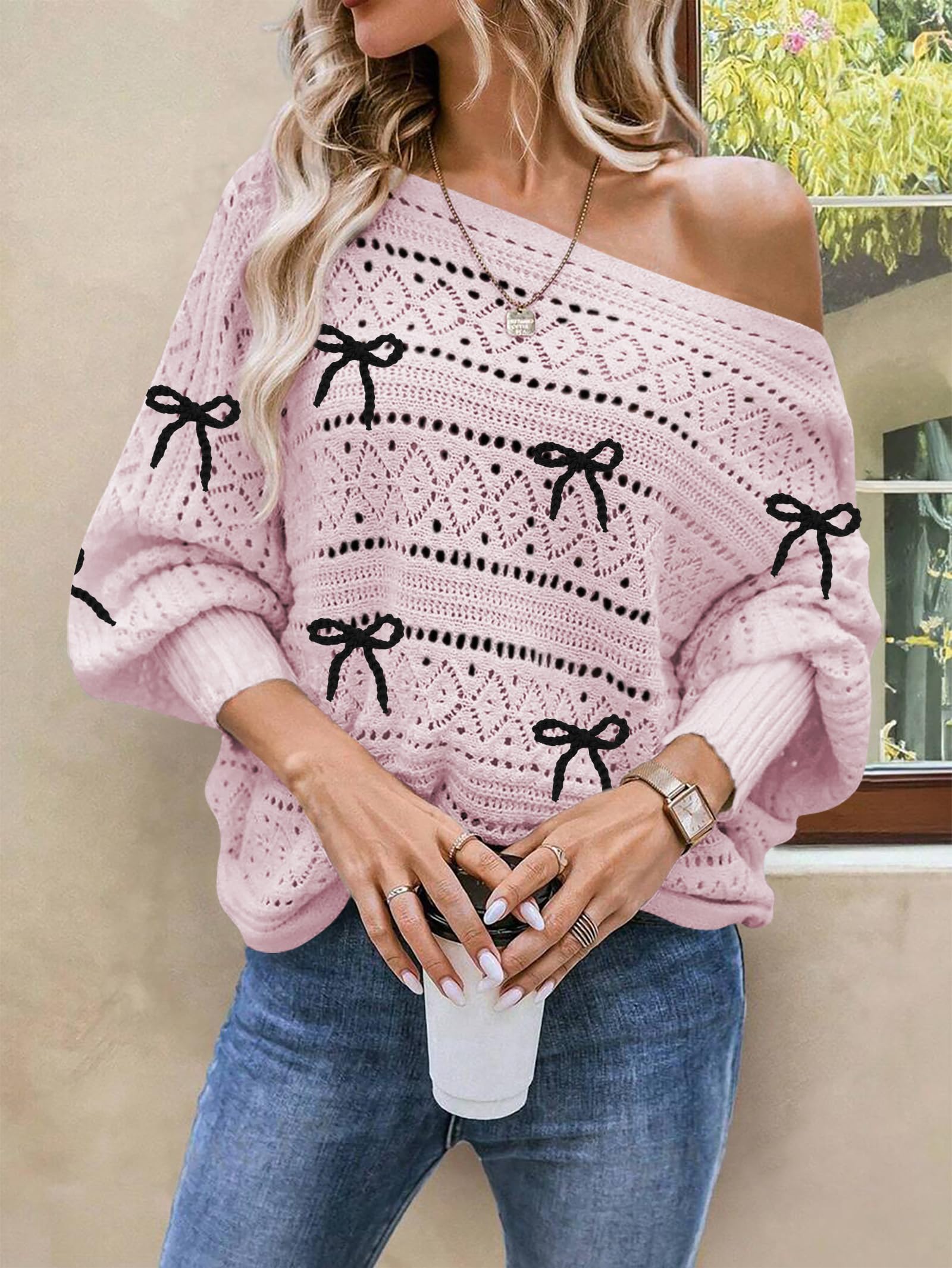 Foto 4 pulgar | Jersey Cakulo Con Hombros Descubiertos Para Otoño De 2024, Punto Rosa S - Venta Internacional.
