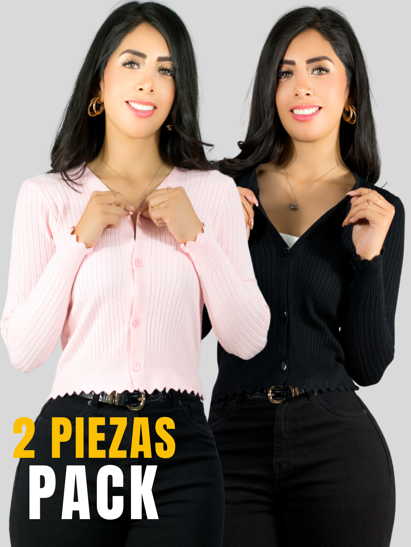 Foto 6 pulgar | Set De 2 Suéter Abierto De Mujer Con Detalles En Estoperoles Suet-1035 Negro Y Rosa Suéter Cardigan