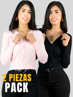 Foto 5 | Set De 2 Suéter Abierto De Mujer Con Detalles En Estoperoles Suet-1035 Negro Y Rosa Suéter Cardigan