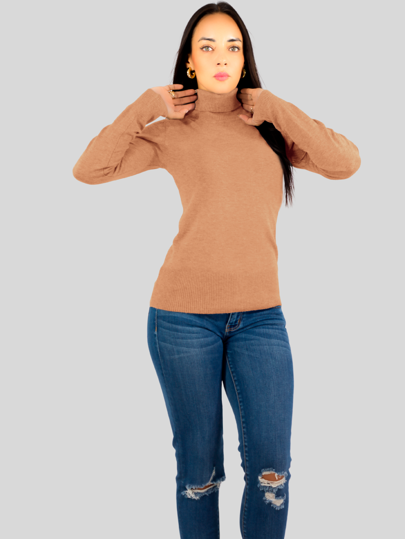 Foto 6 pulgar | Sueter Mujer De Cuello Alto Suet 1023 Café Claro Sueteres Dama Sweaters