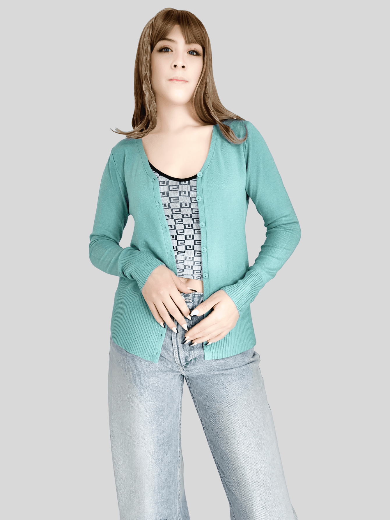 Foto 6 pulgar | Set De 2 Suéter Abierto De Mujer Con Detalles En Estoperoles Suet-1001-px2 Café Claro Y Verde Aqua Suéter Cardigan