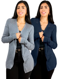 Foto 1 | Set De 2 Suéter Abierto De Mujer Con Detalles En Estoperoles Suet-1035 Gris Y Marino Suéter Cardigan