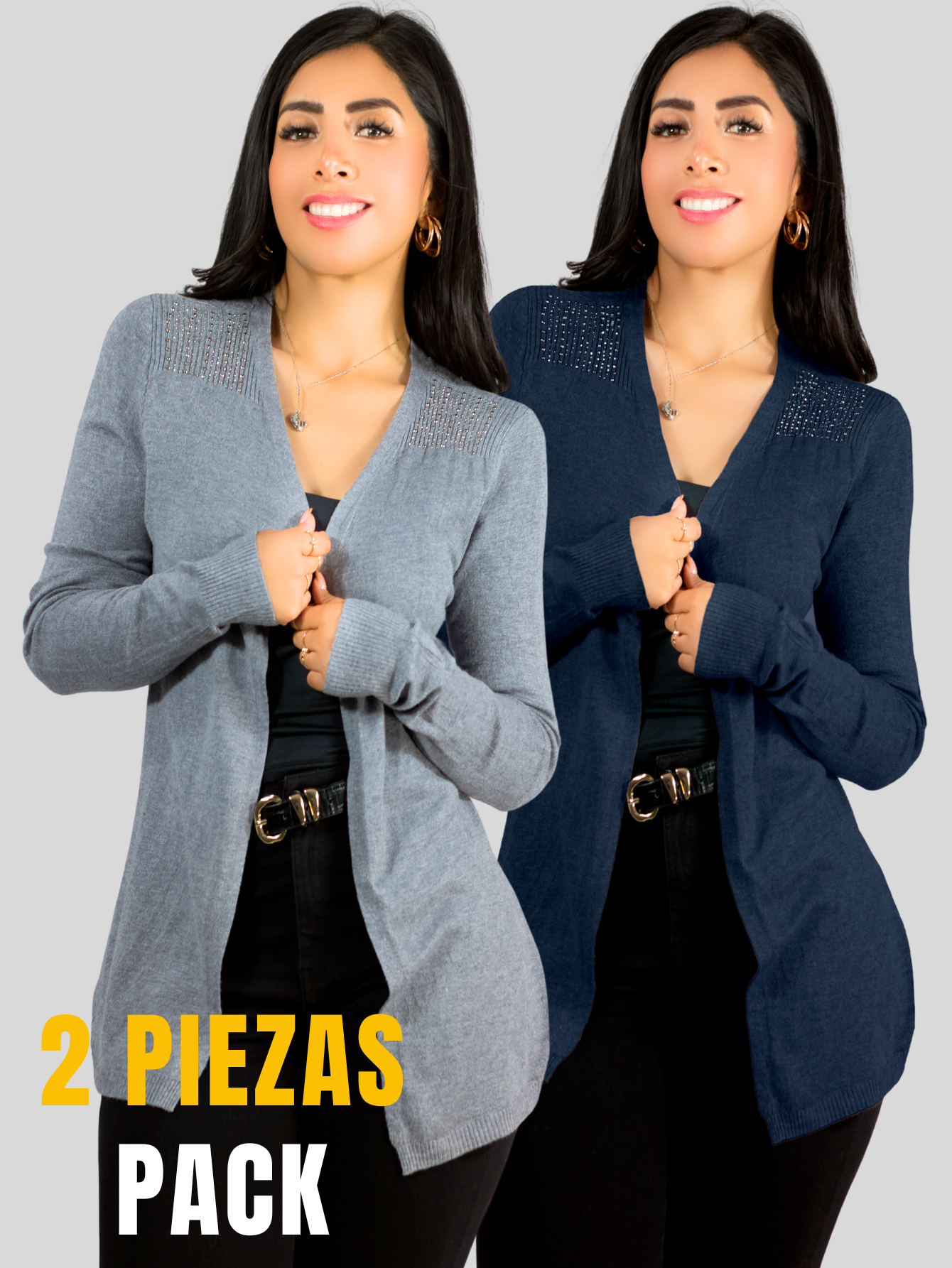 Foto 6 pulgar | Set De 2 Suéter Abierto De Mujer Con Detalles En Estoperoles Suet-1035 Gris Y Marino Suéter Cardigan