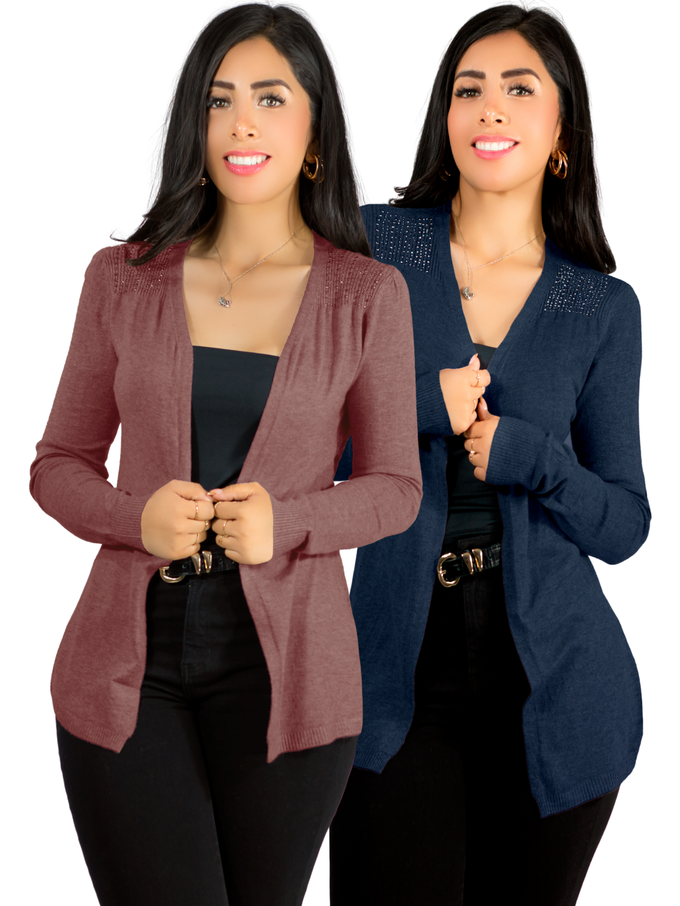 Foto 1 | Set De 2 Suéter Abierto De Mujer Con Detalles En Estoperoles Suet-1035 Coral Oscuro Y Gris Suéter Cardigan