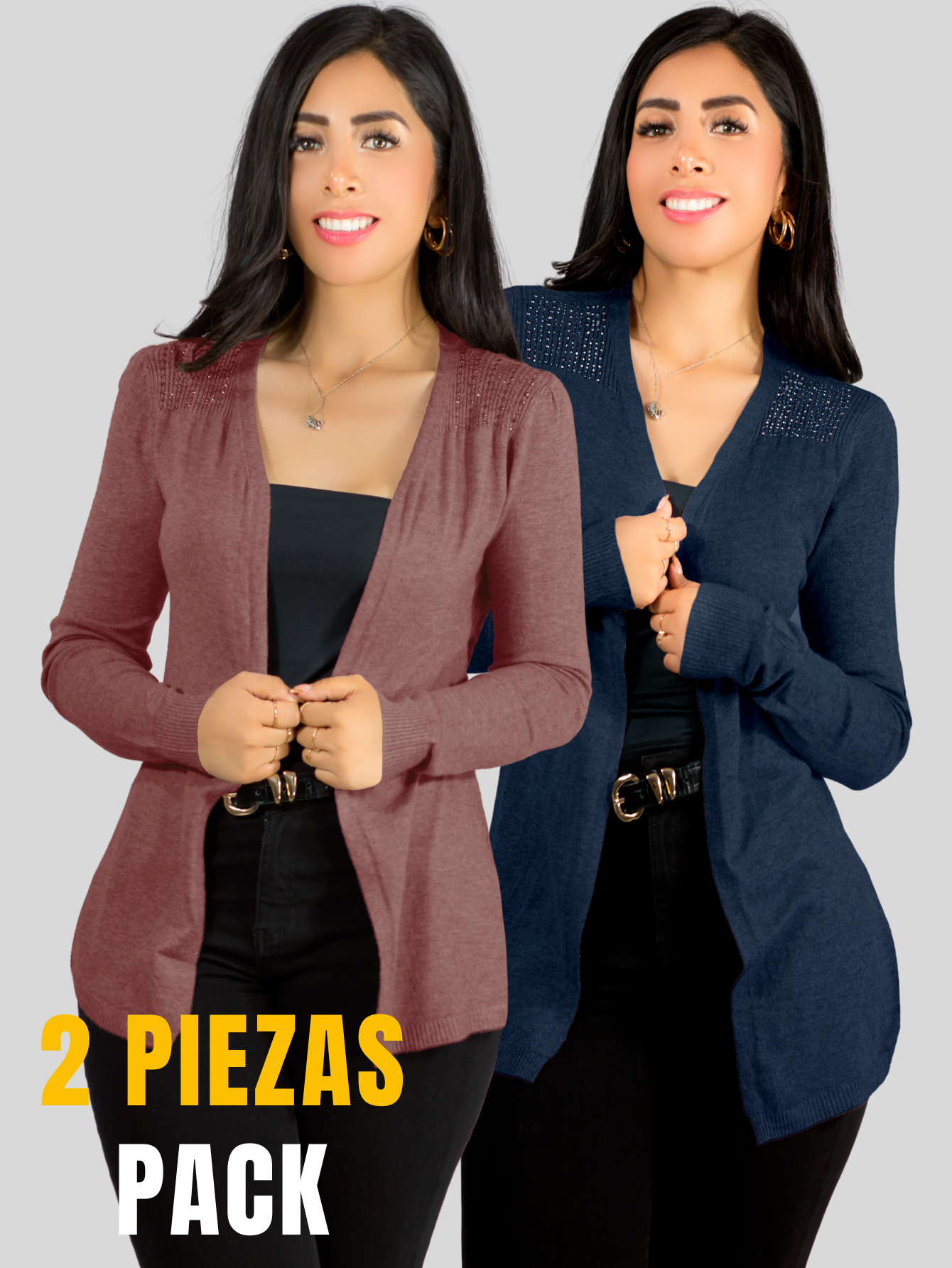 Foto 5 | Set De 2 Suéter Abierto De Mujer Con Detalles En Estoperoles Suet-1035 Coral Oscuro Y Gris Suéter Cardigan