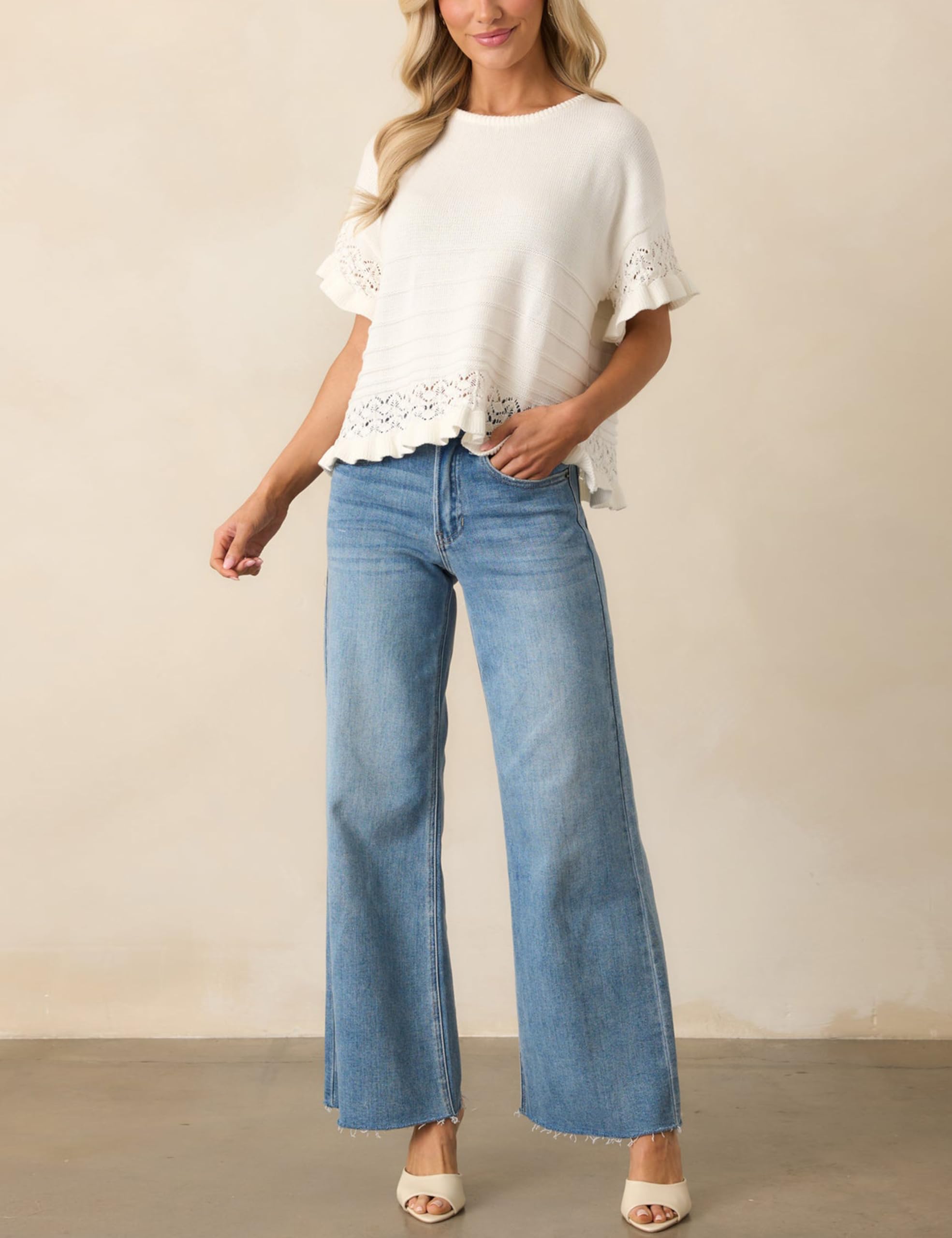 Foto 5 | Jersey Yeokou Para Mujer  Manga Corta  Dobladillo Con Volantes  Color Blanco - Venta Internacional.