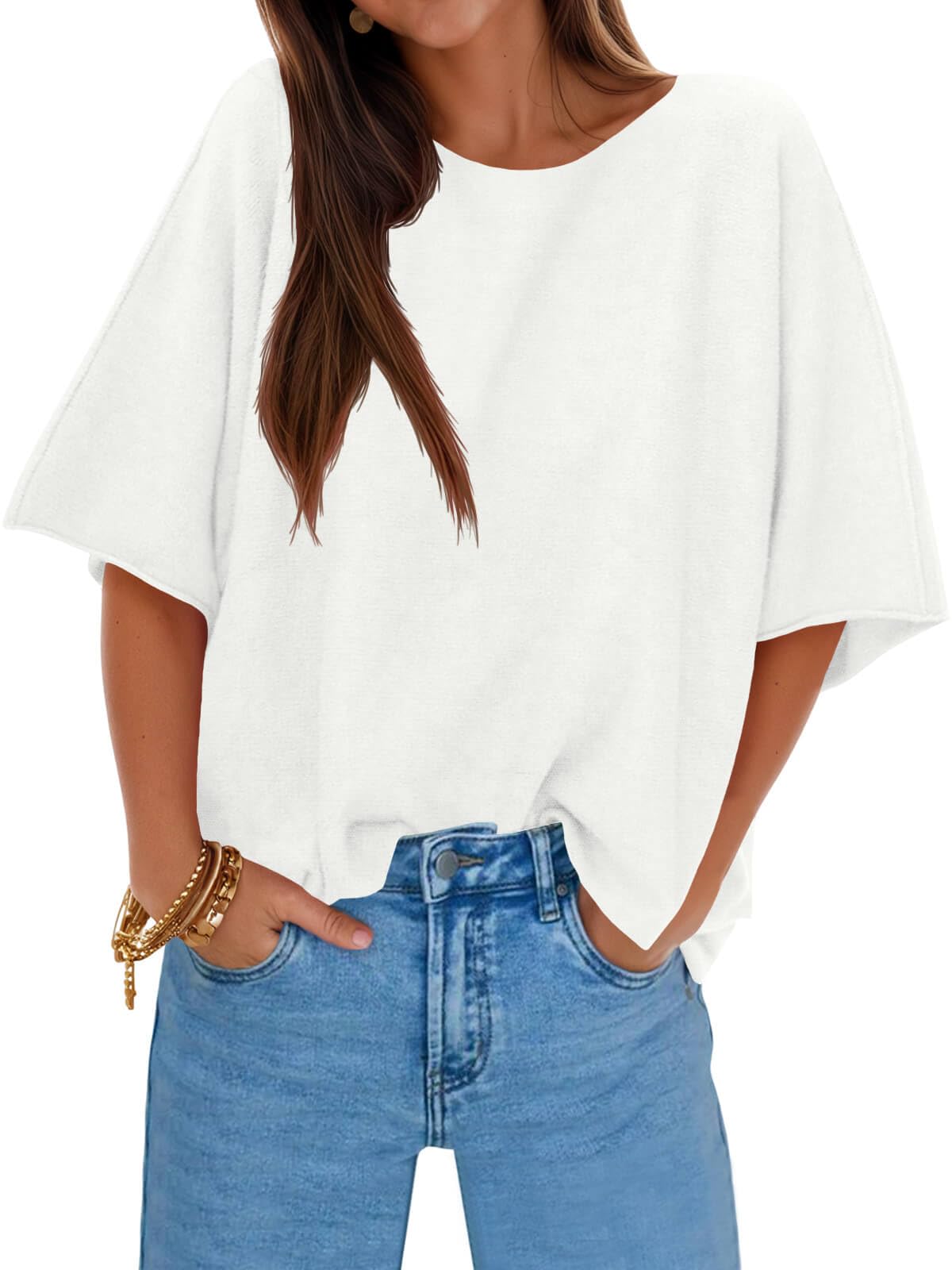 Jersey Cicky Bell Para Mujer  Media Manga  Cuello Barco  De Gran Tamaño  Blanco - Venta Internacional.