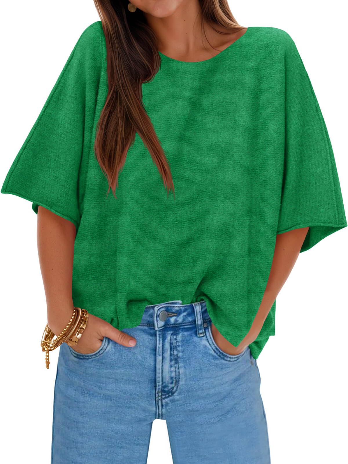 Foto 2 pulgar | Jersey Cicky Bell Para Mujer  Media Manga  Gran Tamaño  Cuello Barco  Verde - Venta Internacional.