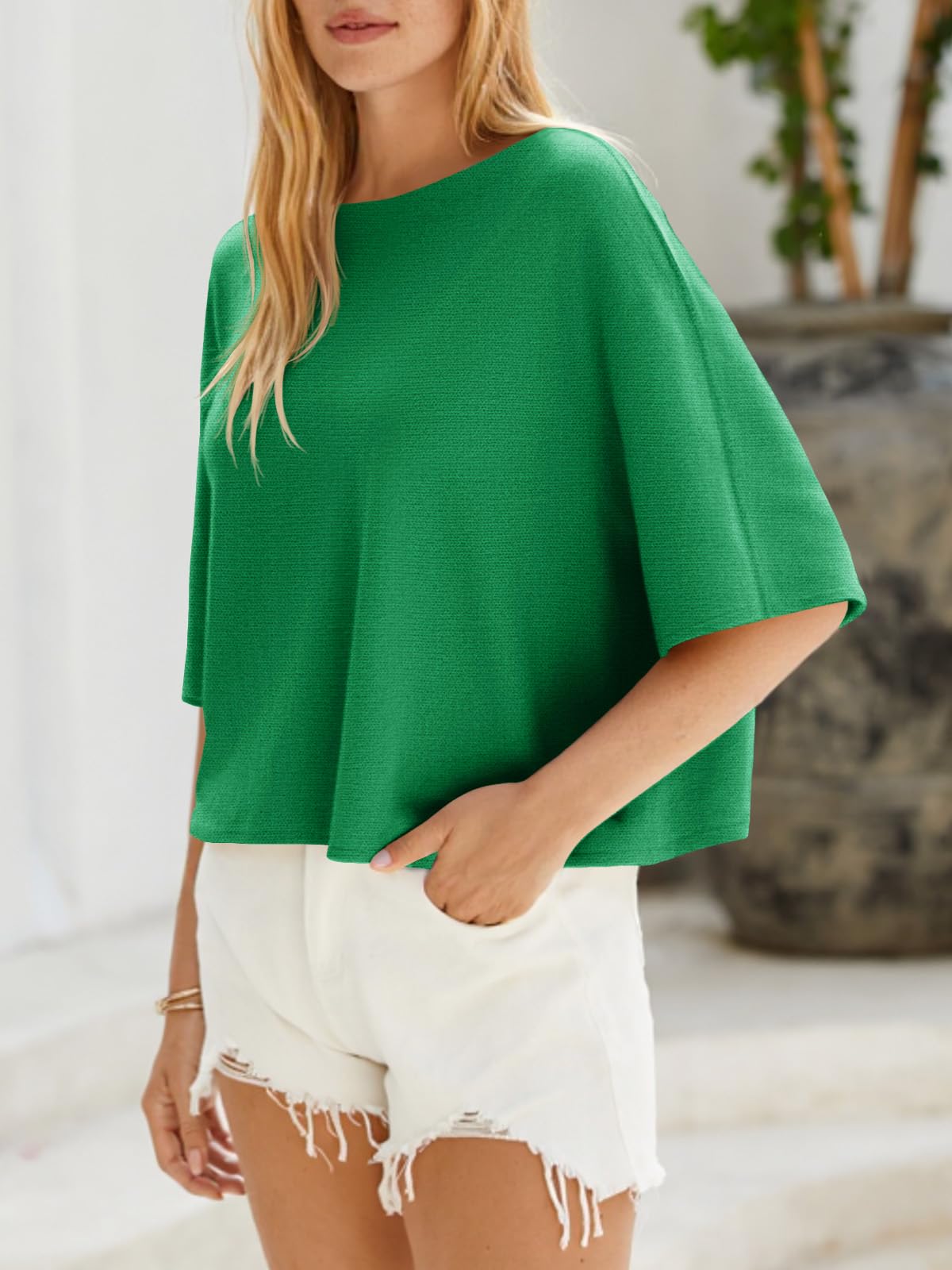 Foto 5 | Jersey Cicky Bell Para Mujer  Media Manga  Gran Tamaño  Cuello Barco  Verde - Venta Internacional.