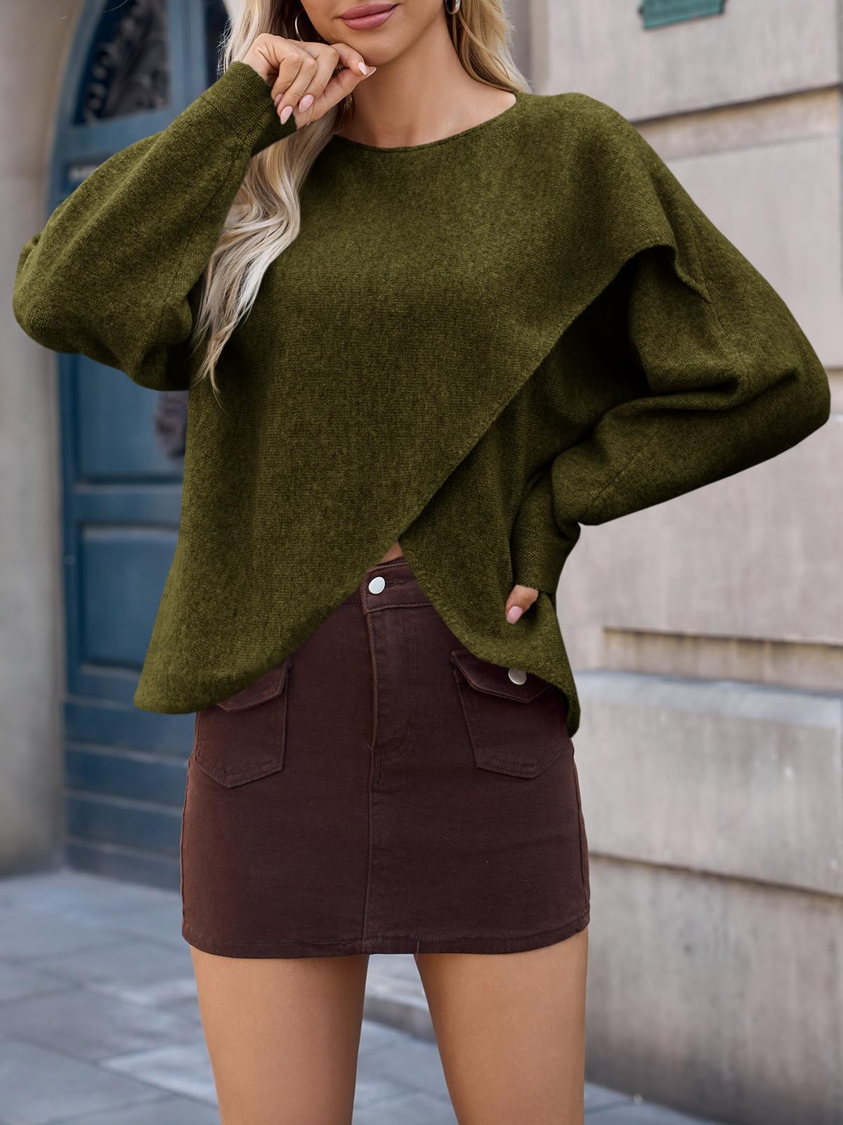 Foto 4 | Suéter Tipo Poncho Saodimallsu Para Mujer  Tamaño Grande  Color Verde Militar - Venta Internacional.
