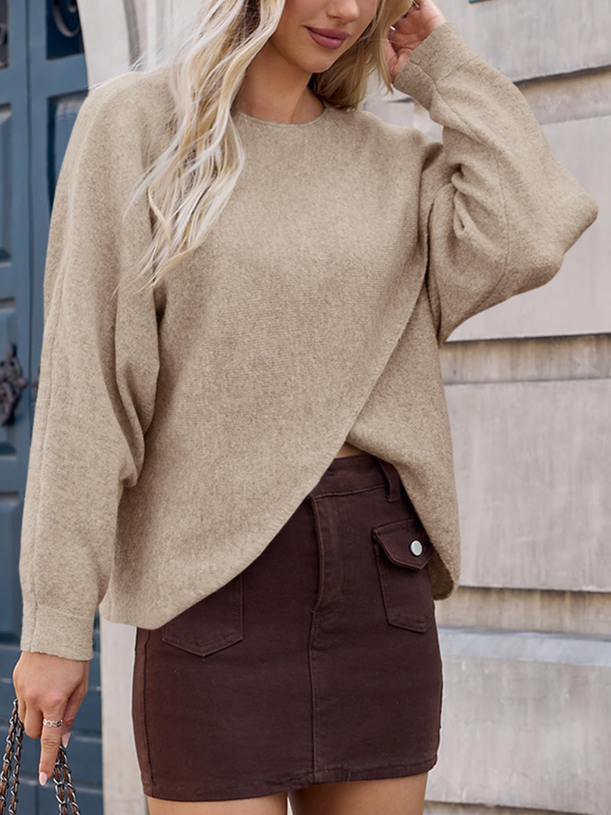 Foto 4 pulgar | Jersey Tipo Poncho Saodimallsu De Punto Extragrande Para Mujer  Color Caqui - Venta Internacional.