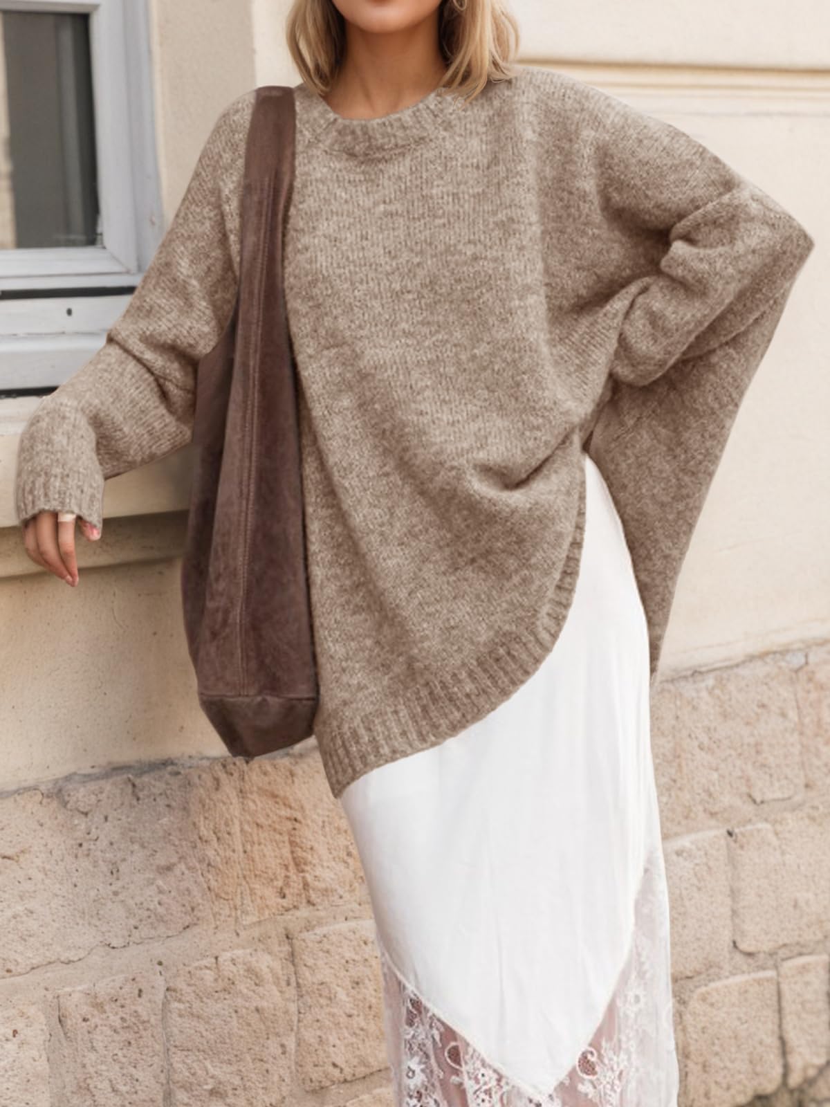 Foto 2 | Suéter Tipo Túnica Saodimallsu Para Mujer  De Punto Extragrande  Color Caqui  Otoño - Venta Internacional.