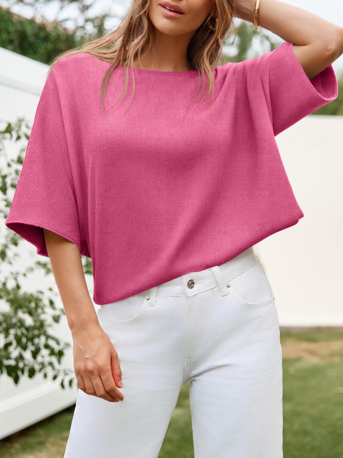 Foto 4 pulgar | Jersey Cicky Bell Para Mujer  Media Manga  Gran Tamaño  Cuello Barco  Rosa - Venta Internacional.