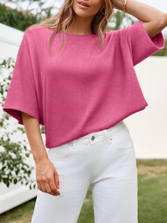Foto 3 | Jersey Cicky Bell Para Mujer Media Manga Gran Tamaño Cuello Barco Rosa - Venta Internacional.