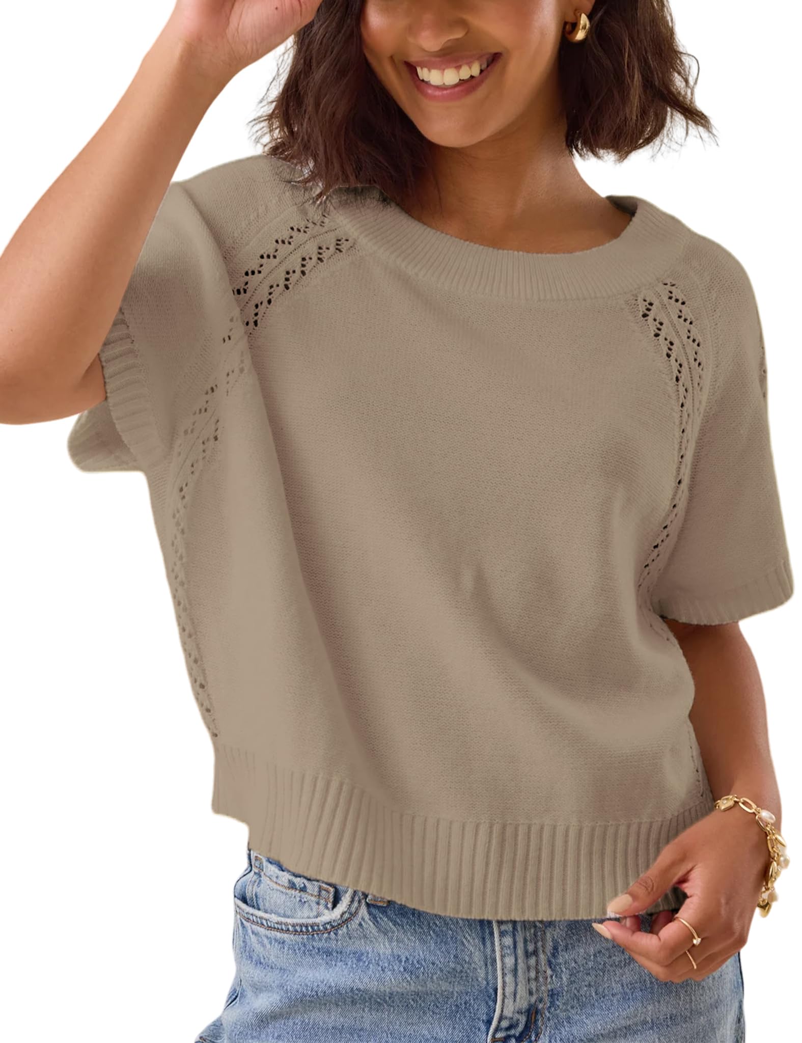 Jersey Yeokou Para Mujer  Manga Corta  Cuello Redondo  Color Caqui - Venta Internacional.