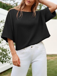 Foto 3 | Jersey Cicky Bell Para Mujer Media Manga Cuello Barco De Gran Tamaño Negro - Venta Internacional.