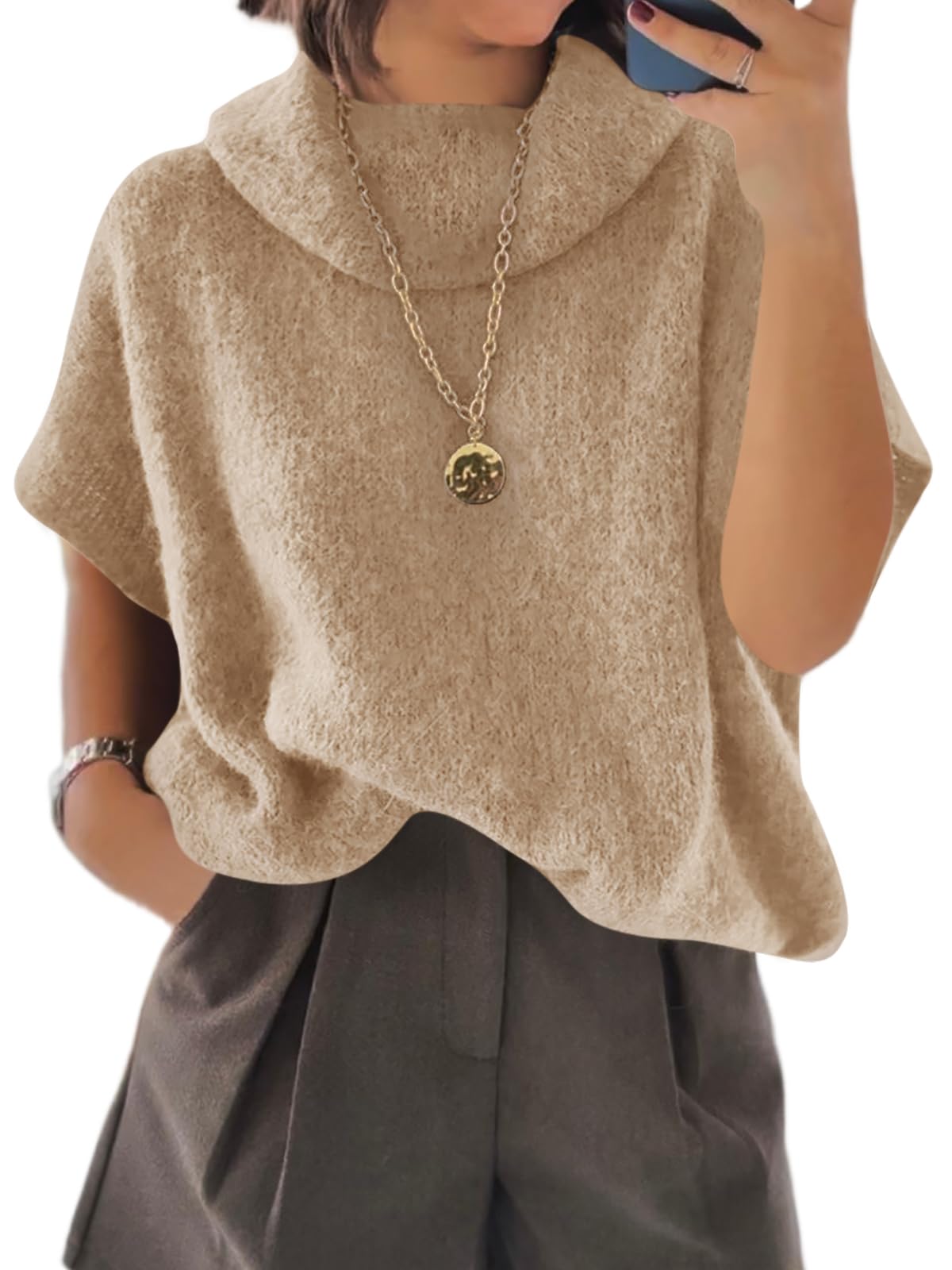 Foto 1 | Jersey Tipo Poncho Cicky Bell Para Mujer  Cuello Alto  De Gran Tamaño  Color Caqui - Venta Internacional.