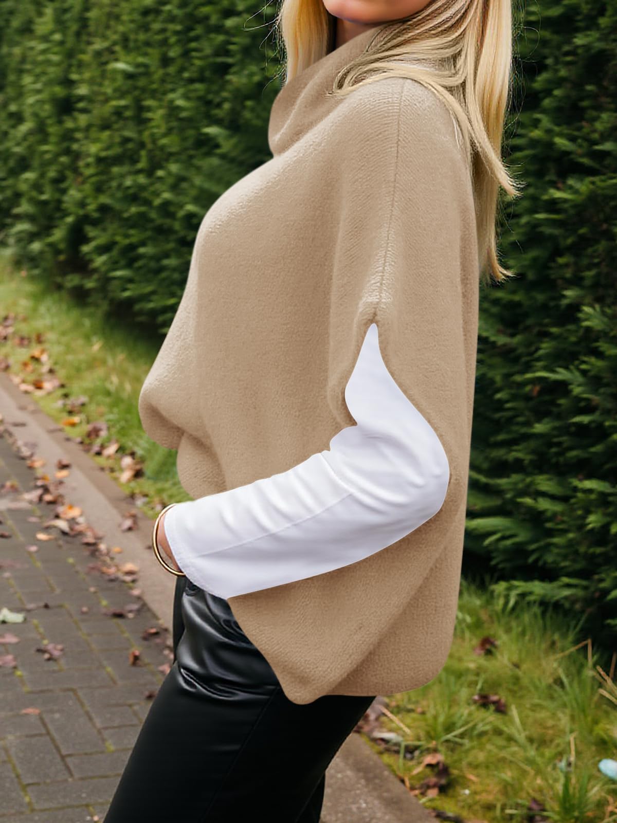 Foto 5 pulgar | Jersey Tipo Poncho Cicky Bell Para Mujer  Cuello Alto  De Gran Tamaño  Color Caqui - Venta Internacional.