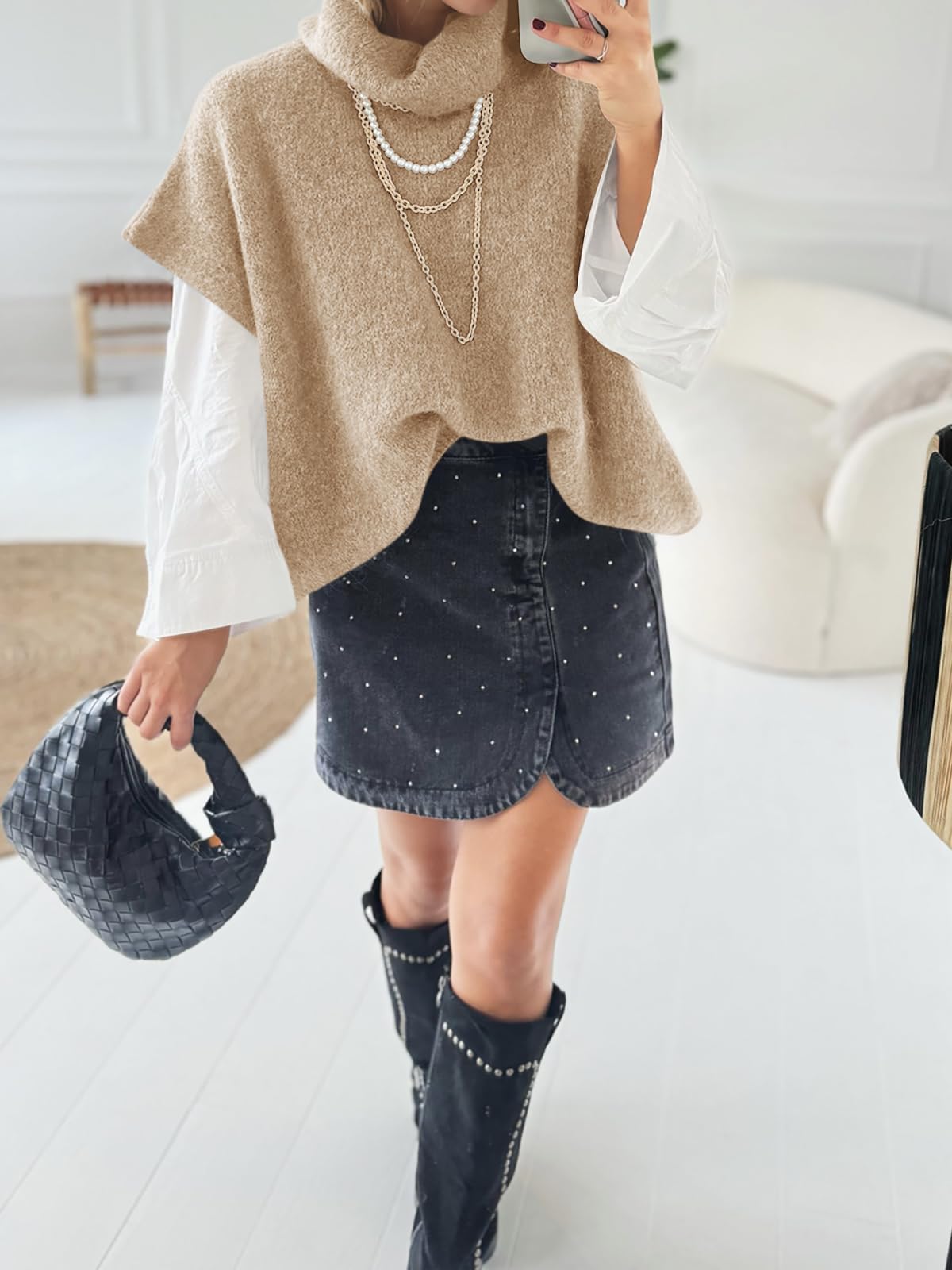 Foto 5 | Jersey Tipo Poncho Cicky Bell Para Mujer  Cuello Alto  De Gran Tamaño  Color Caqui - Venta Internacional.