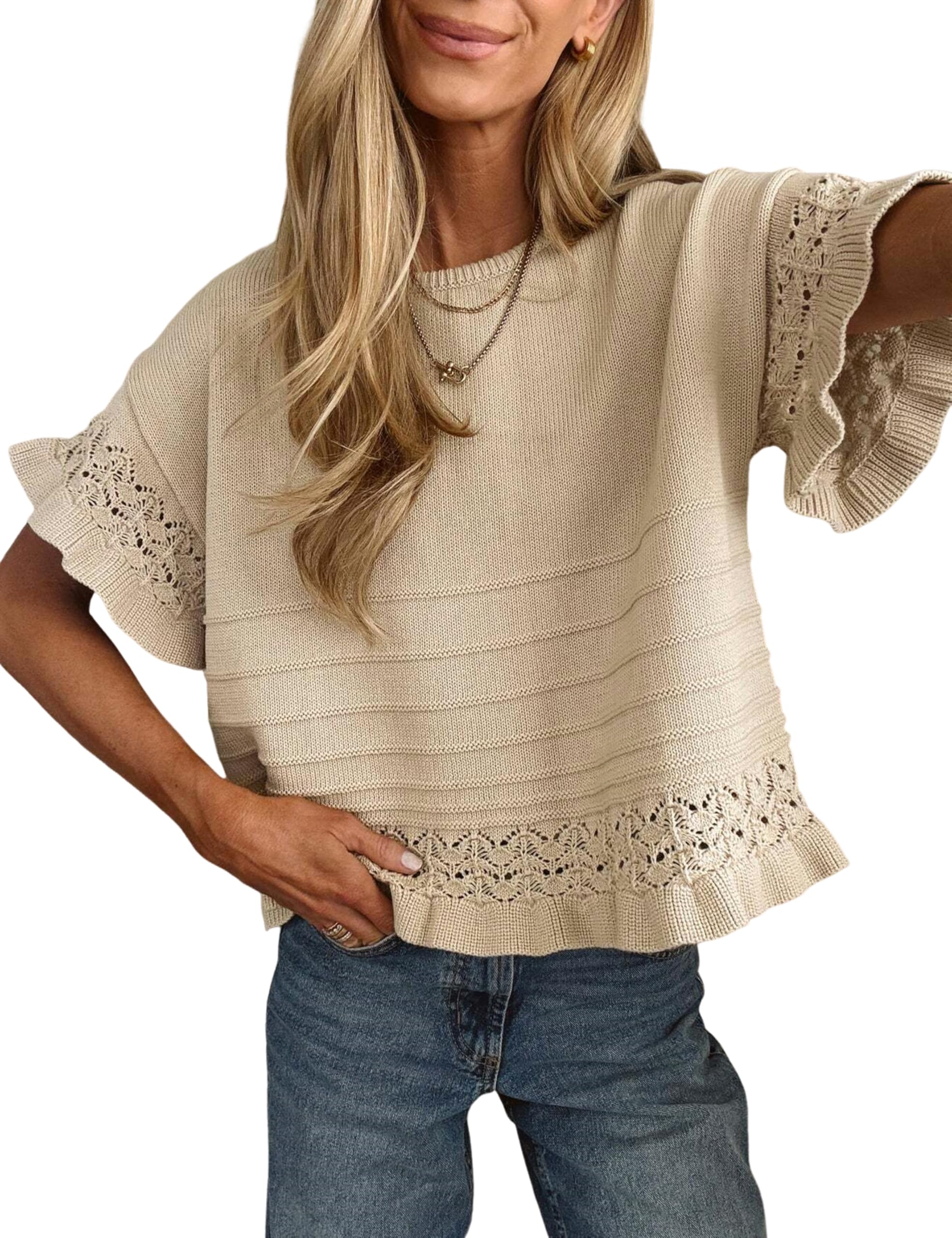 Jersey Yeokou Para Mujer  Manga Corta  Dobladillo Con Volantes  Tejido A Ganchillo - Venta Internacional.