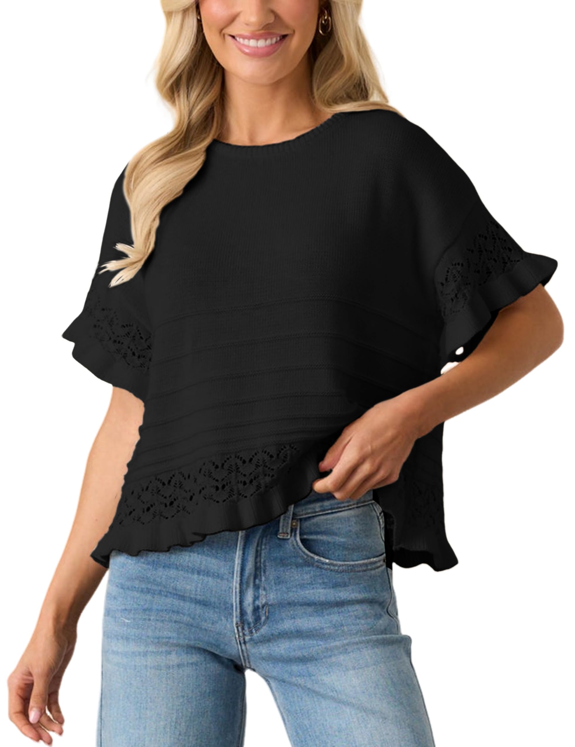 Foto 2 pulgar | Jersey Yeokou Para Mujer  Manga Corta  Dobladillo Con Volantes  Negro - Venta Internacional.