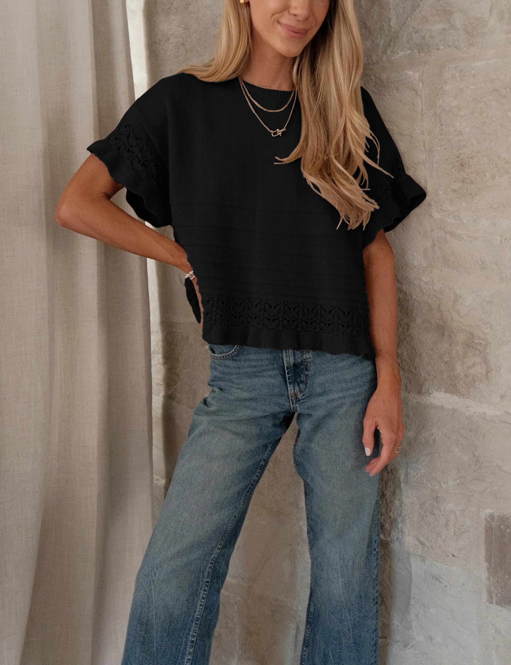 Foto 5 | Jersey Yeokou Para Mujer  Manga Corta  Dobladillo Con Volantes  Negro - Venta Internacional.